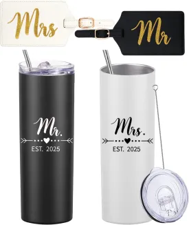DHQH Personalized Mr and Mrs EST 2025 Gift Stainless Steel Travel Tumbler & Leather Luggage Tag Set - Wedding Gifts for Couples 2025 Perfect Newlywed, Engagement and Bridal Shower Gifts