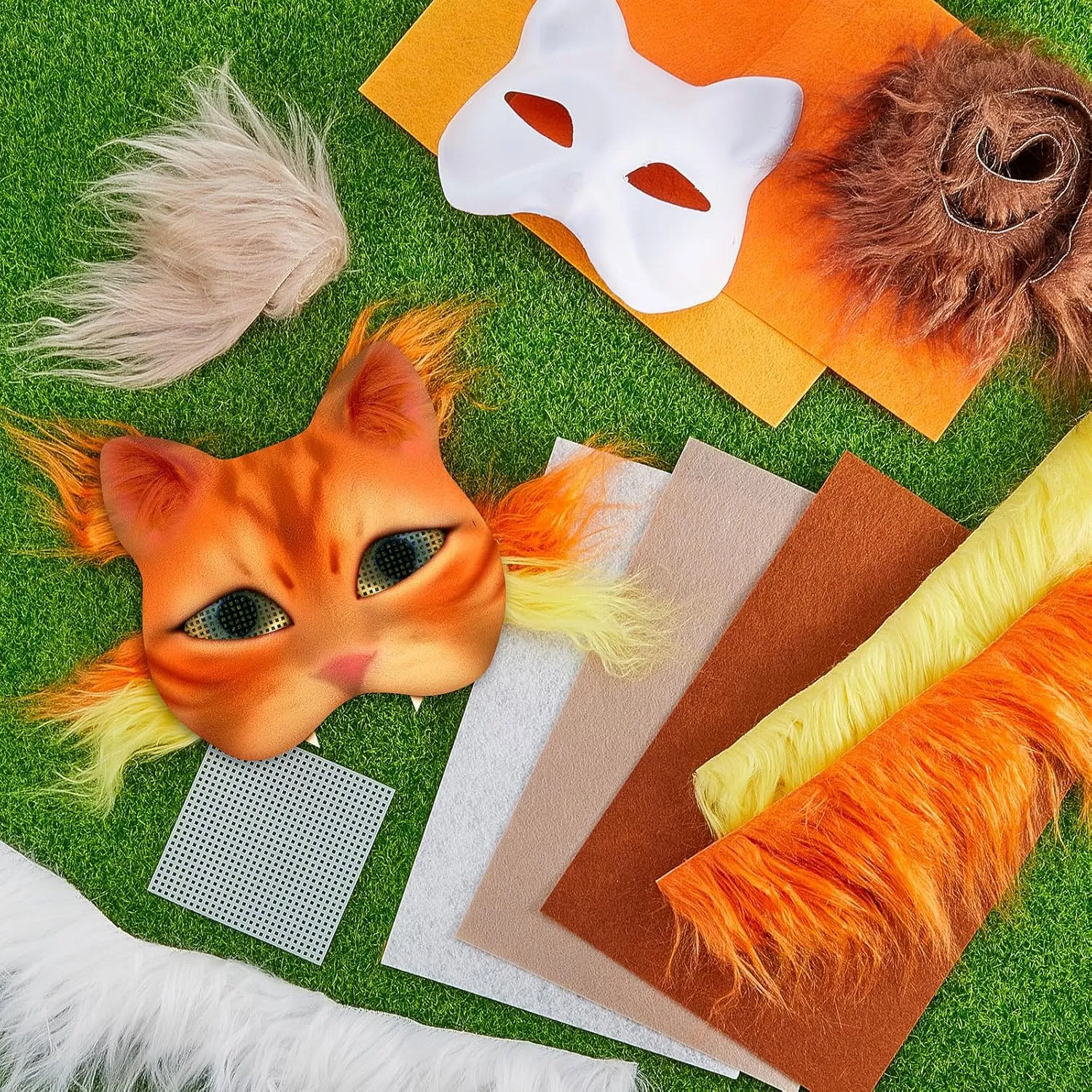 DIY Therian Mask Kit Blank Cat Mask with Felt Fabric Sheet Plush Faux Fur Eye Mesh for Therian Gear Stuff