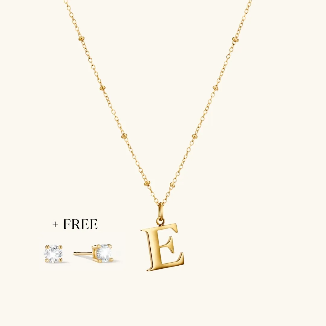 E Initial Pendant Necklace In Gold   FREE Diamond Stud Earrings in Gold