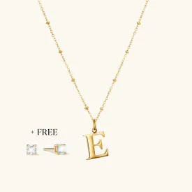 E Initial Pendant Necklace In Gold   FREE Diamond Stud Earrings in Gold