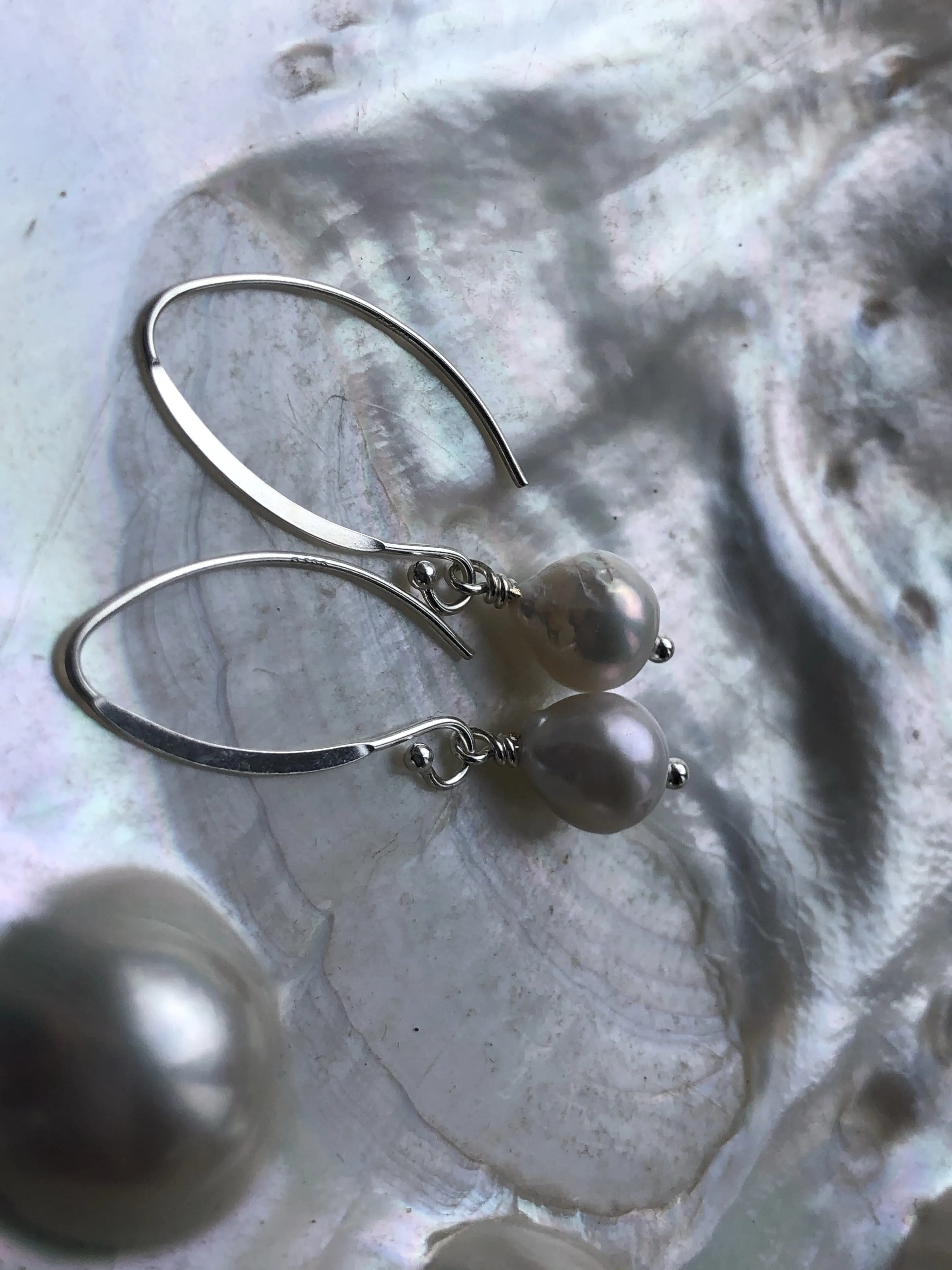 Earrings: Freshwater Pearl nugget ivory drops on longer hooks - classic