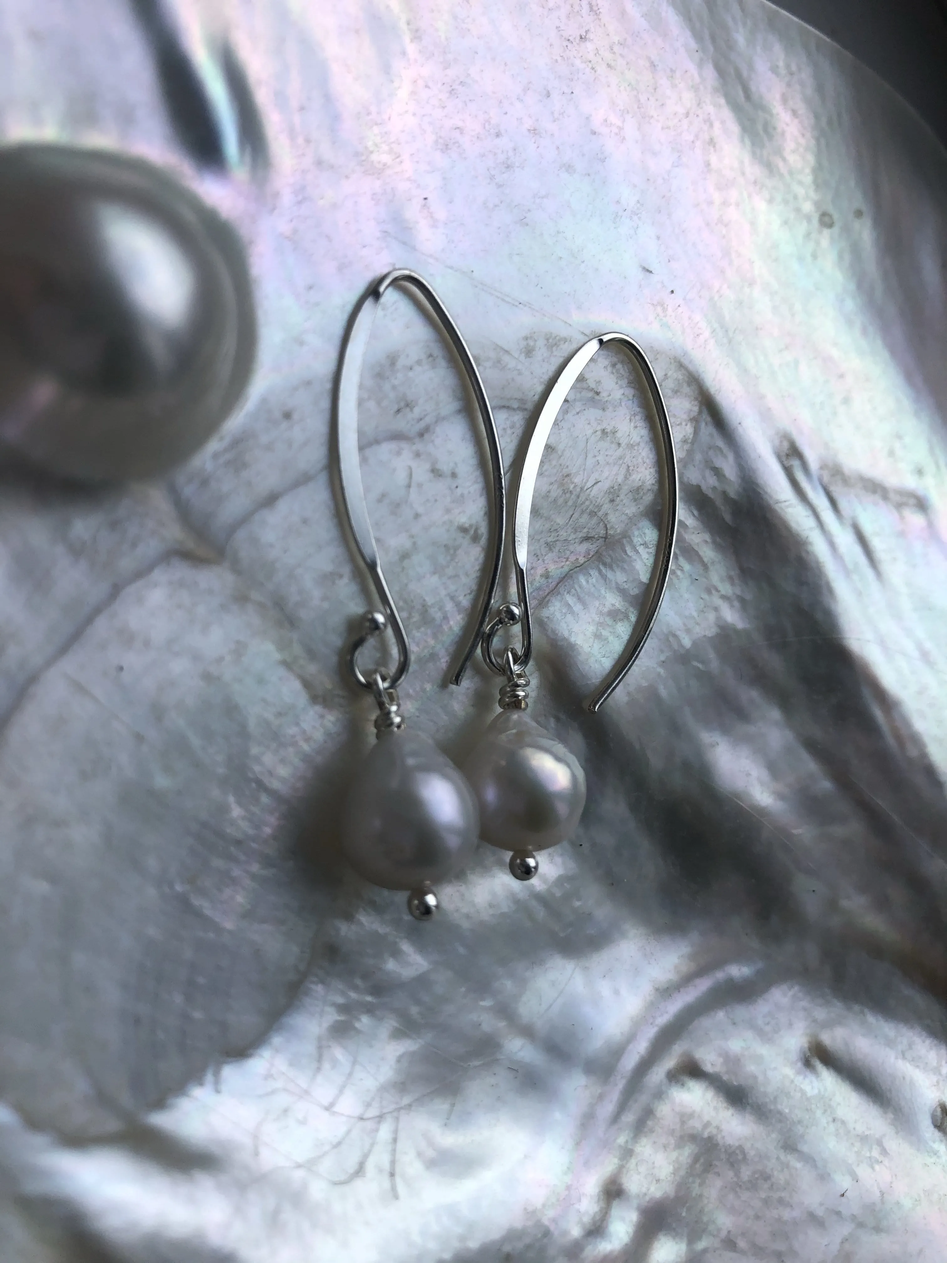 Earrings: Freshwater Pearl nugget ivory drops on longer hooks - classic