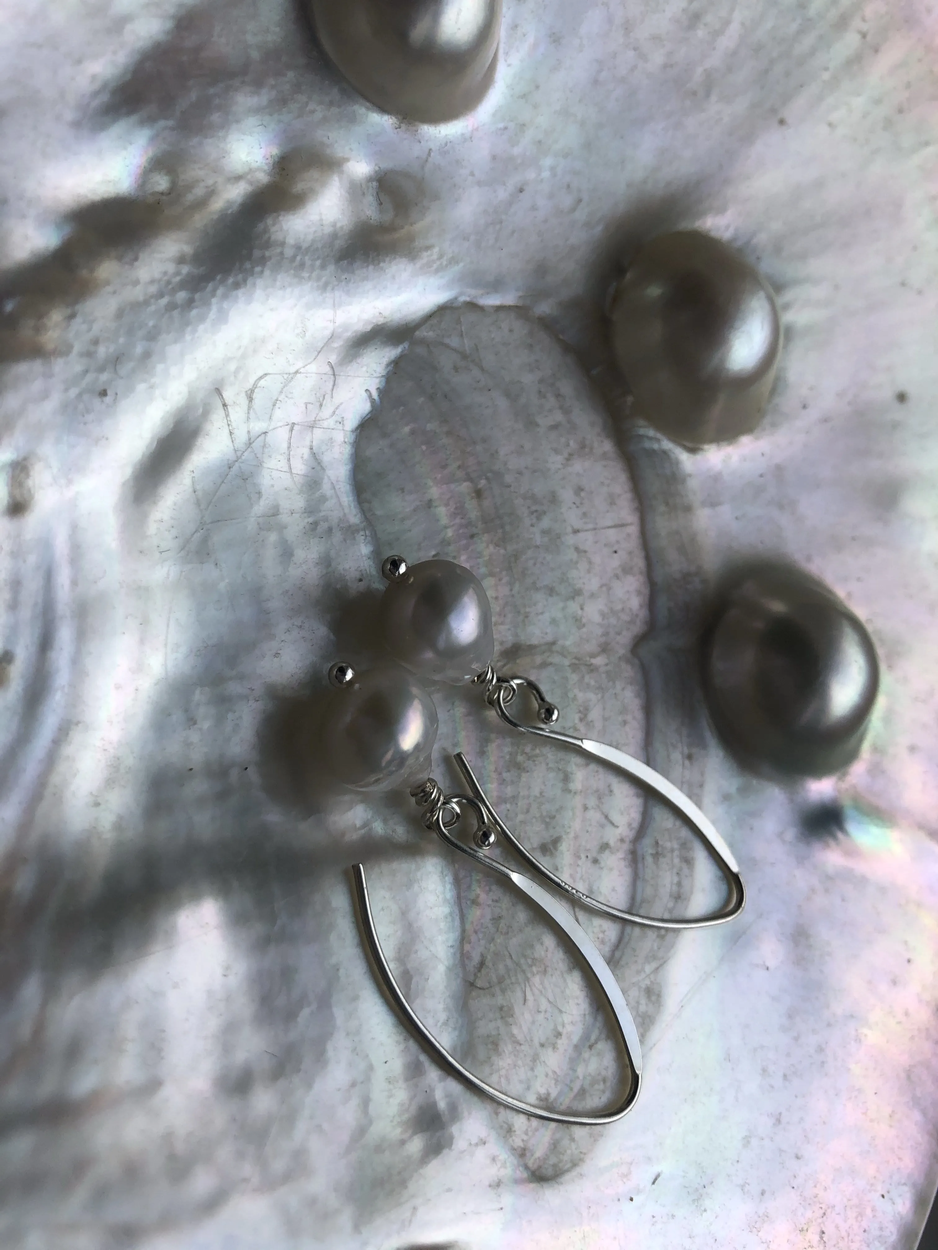 Earrings: Freshwater Pearl nugget ivory drops on longer hooks - classic