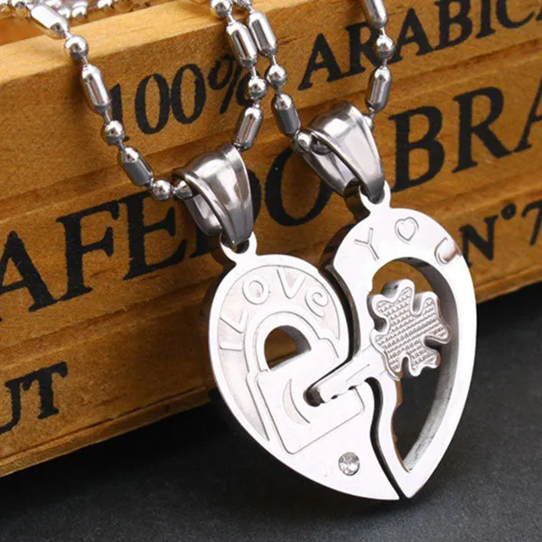 Fashion Lucky Leaf Key And Lock Match Heart Couple Necklaces