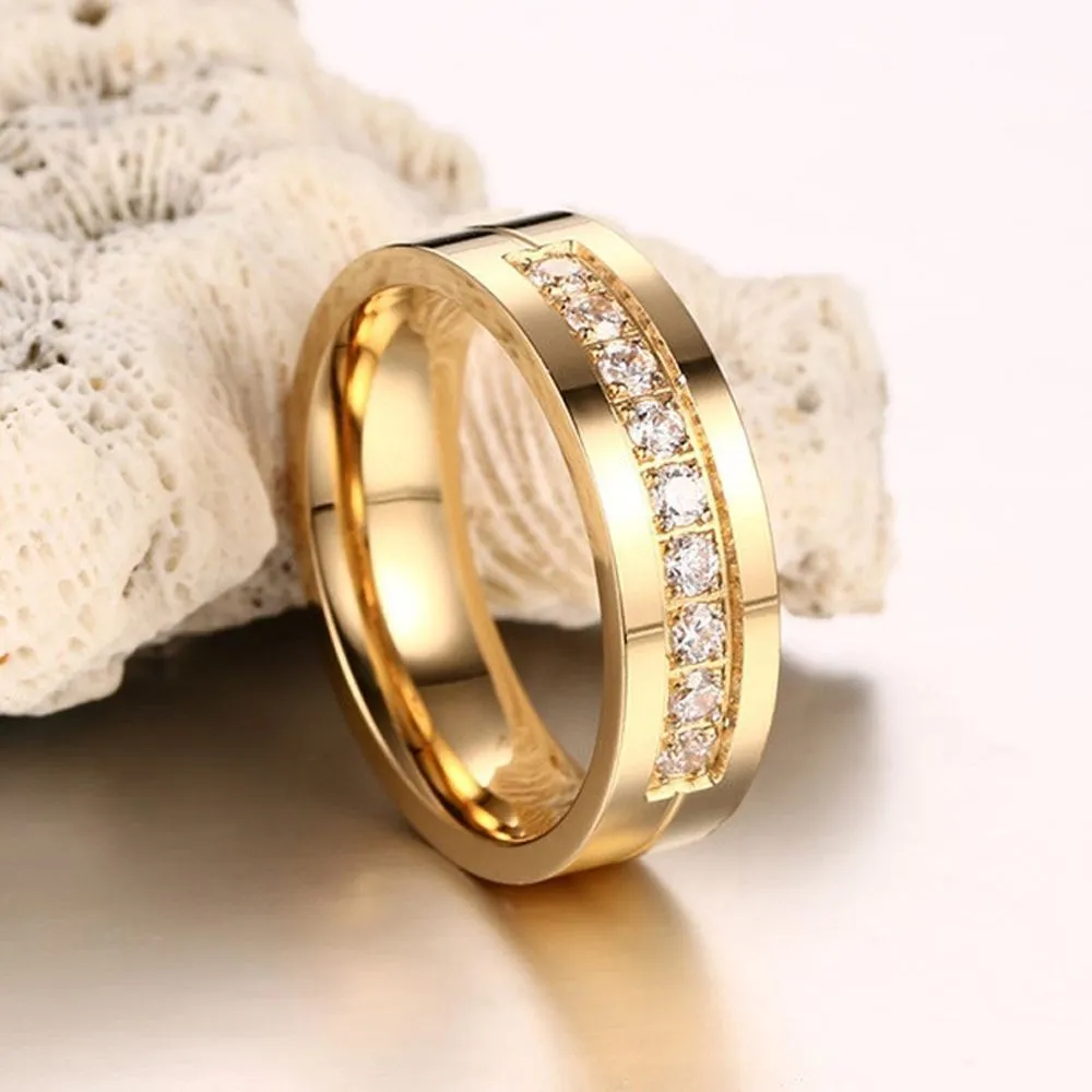 Fashion Women Men Couples AAA CZ Stainless Steel 18K Gold Plated Cubic Zirconia Wedding Band Ring 1pc