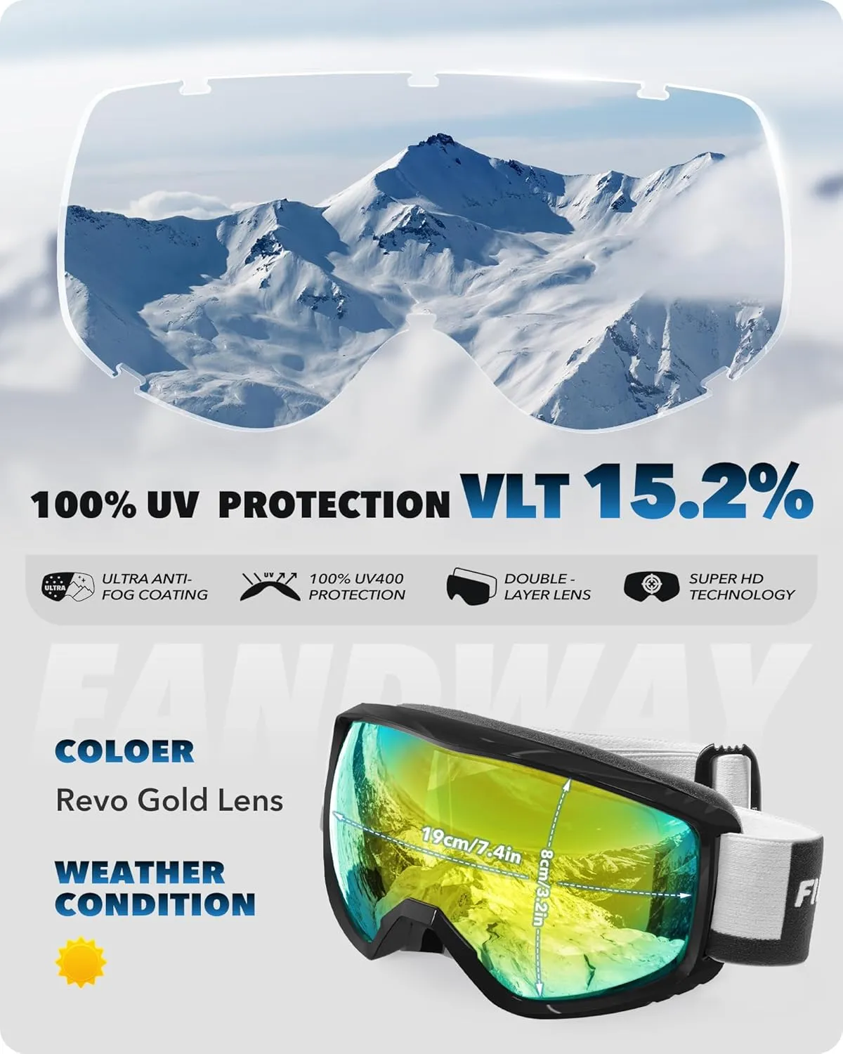 findway OTG Ski Goggles - Over Glasses Snow Snowboard Goggles for Men Women Adult & Youth - Anti-Fog 100% UV Protection