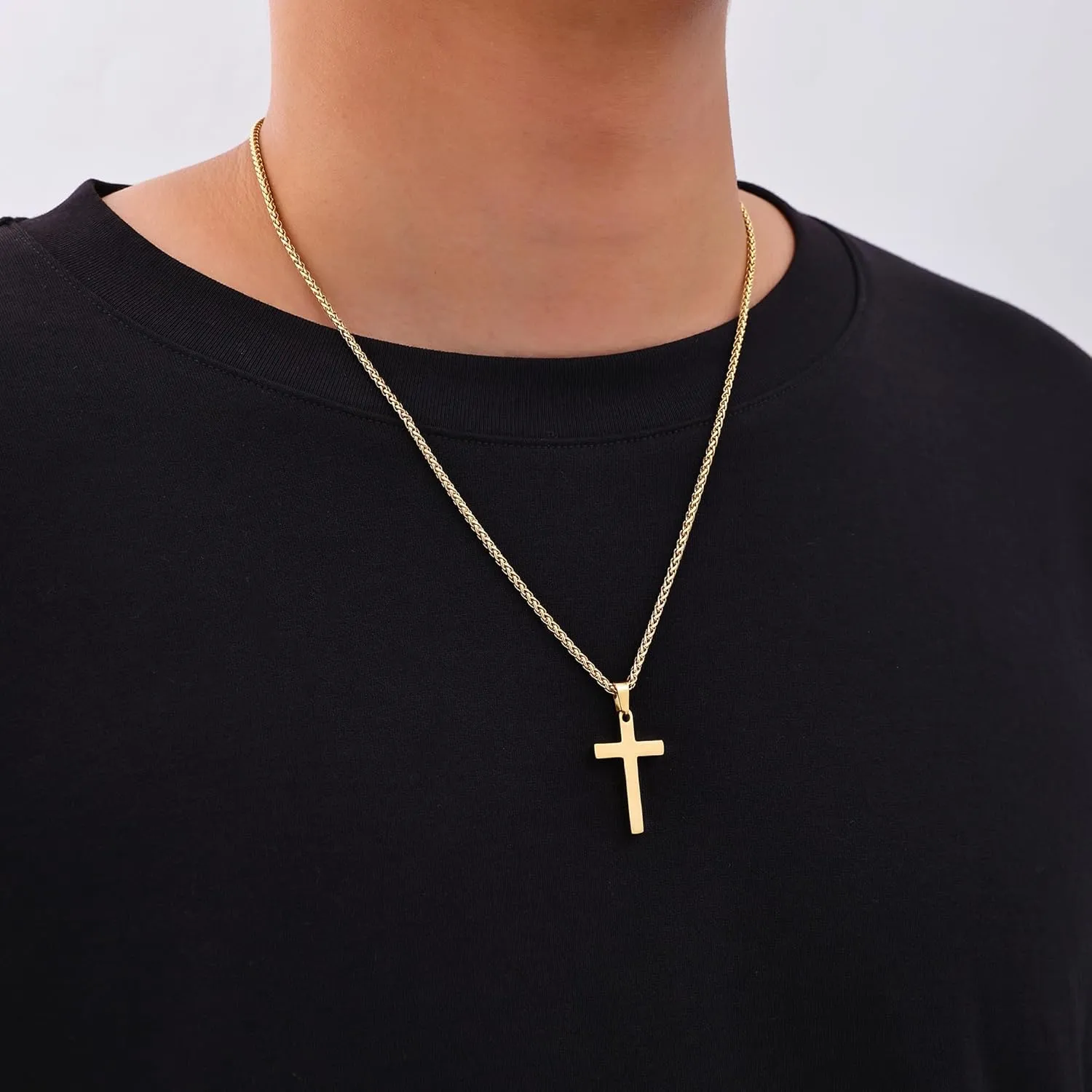 Fiusem Cross Necklace for Men, Gold Plated Mens Cross Necklaces with 2.5mm Chain, Stainless Steel Wheat Chain, 16-24 Inch