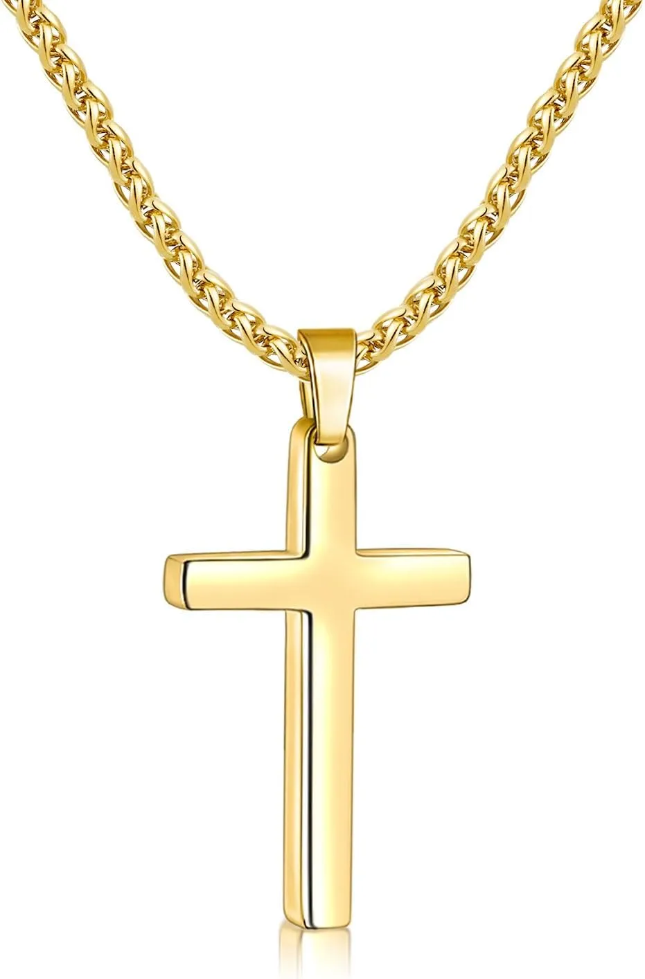 Fiusem Cross Necklace for Men, Gold Plated Mens Cross Necklaces with 2.5mm Chain, Stainless Steel Wheat Chain, 16-24 Inch
