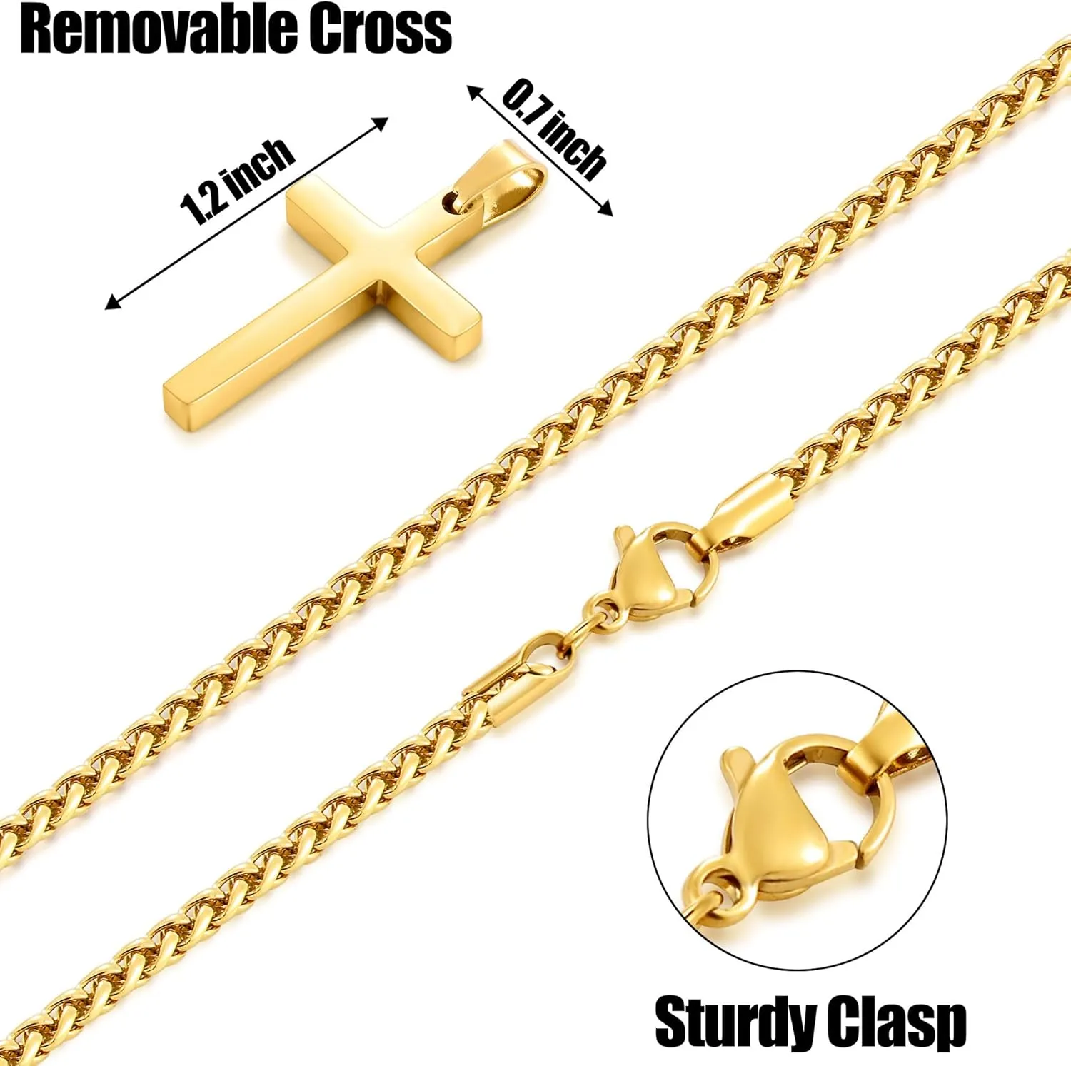 Fiusem Cross Necklace for Men, Gold Plated Mens Cross Necklaces with 2.5mm Chain, Stainless Steel Wheat Chain, 16-24 Inch