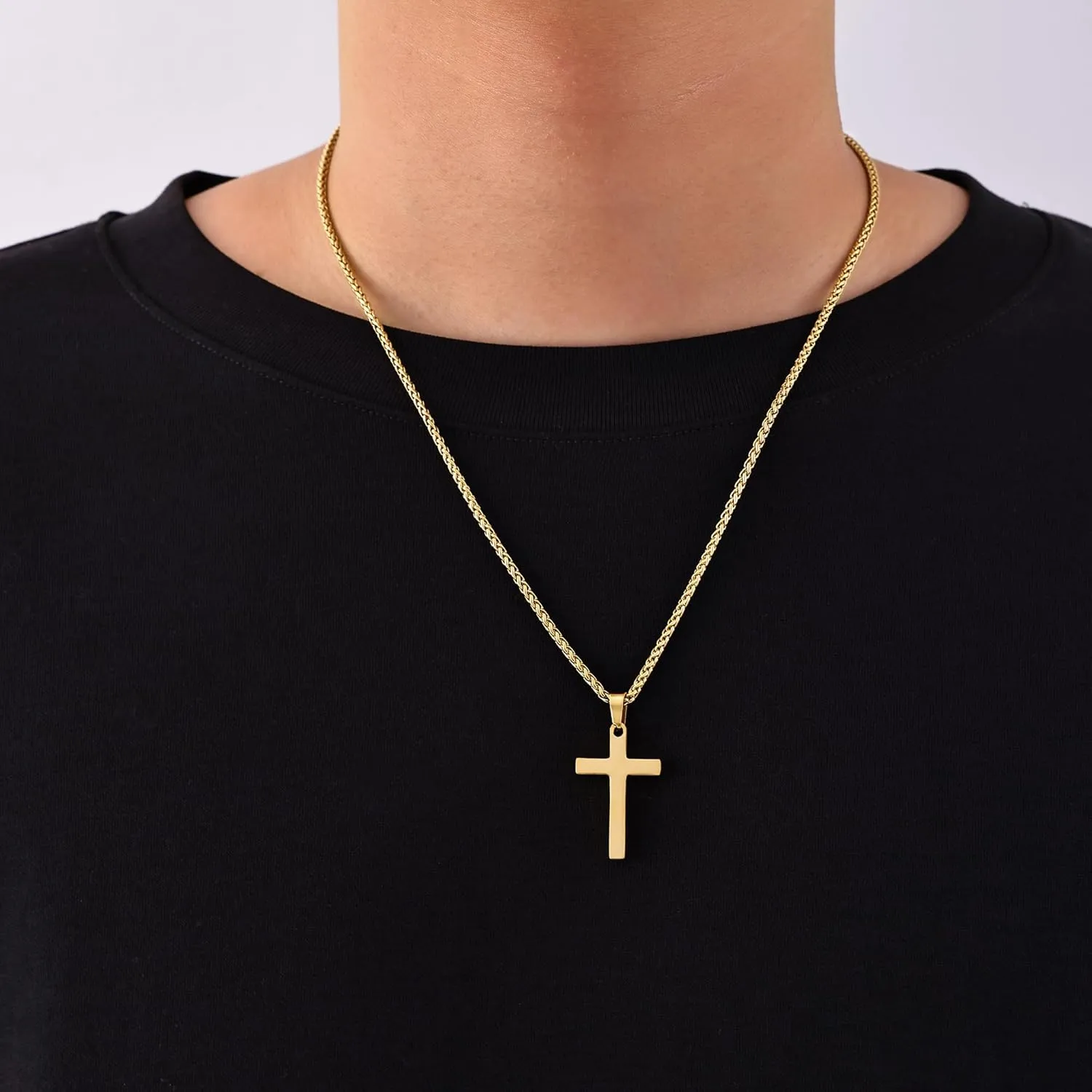 Fiusem Cross Necklace for Men, Gold Plated Mens Cross Necklaces with 2.5mm Chain, Stainless Steel Wheat Chain, 16-24 Inch