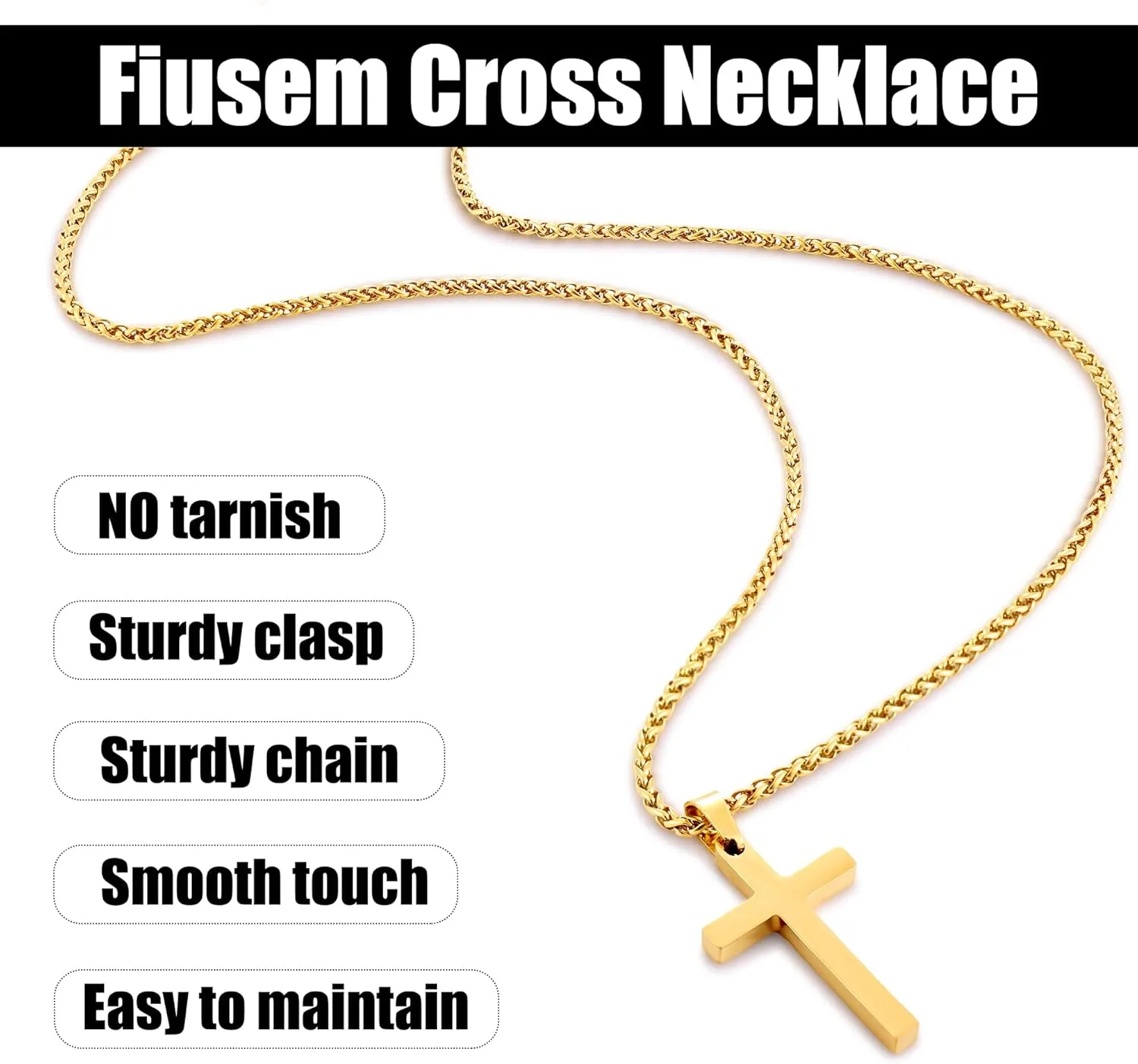 Fiusem Cross Necklace for Men, Gold Plated Mens Cross Necklaces with 2.5mm Chain, Stainless Steel Wheat Chain, 16-24 Inch