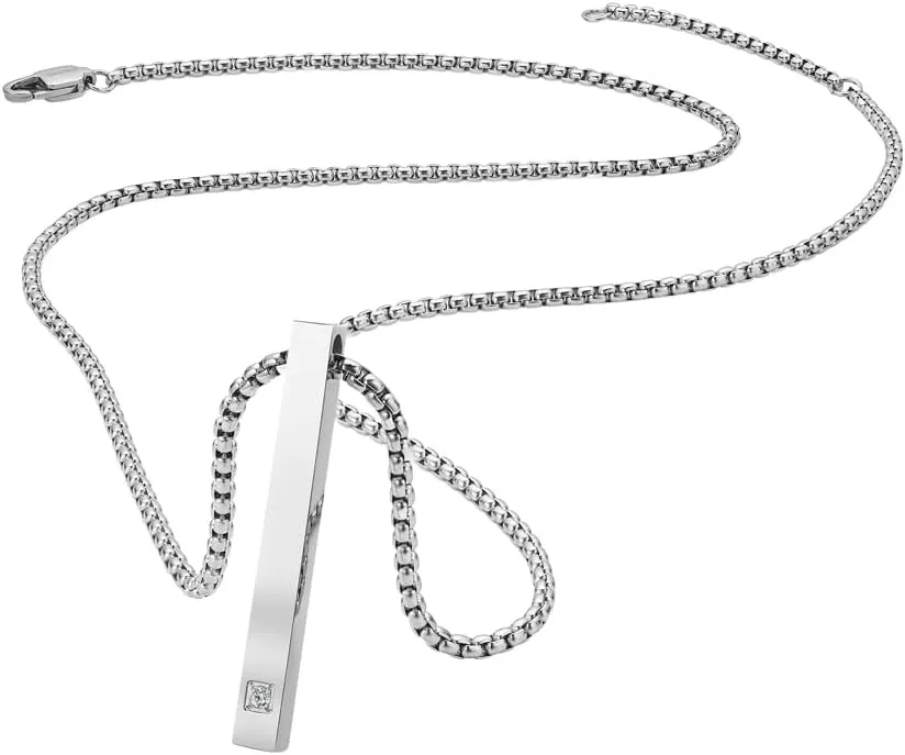 Geoffrey Beene Stainless Steel 3D Vertical Bar CZ Pendant Necklace
