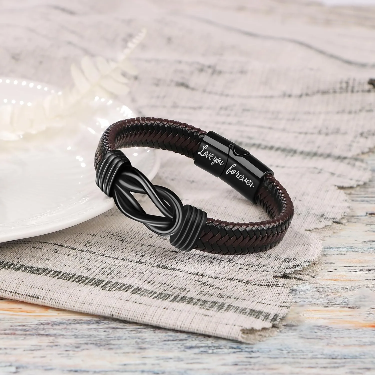 Gift for Men Infinity Bracelet for Men Dad Husband Boyfriend Son Grandson Brother Nephew Uncle Brown Braided Leather Forever Linked Together Stainless Steel Engraved with Love You Forever Jewelry 7.5|8.5|9 Inches