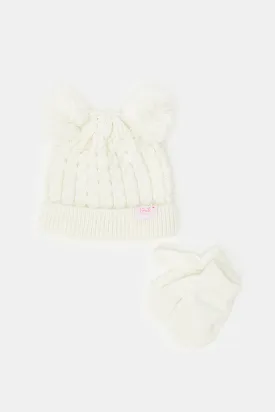 Girls White Knitted Cap With Gloves Set (2 Piece)