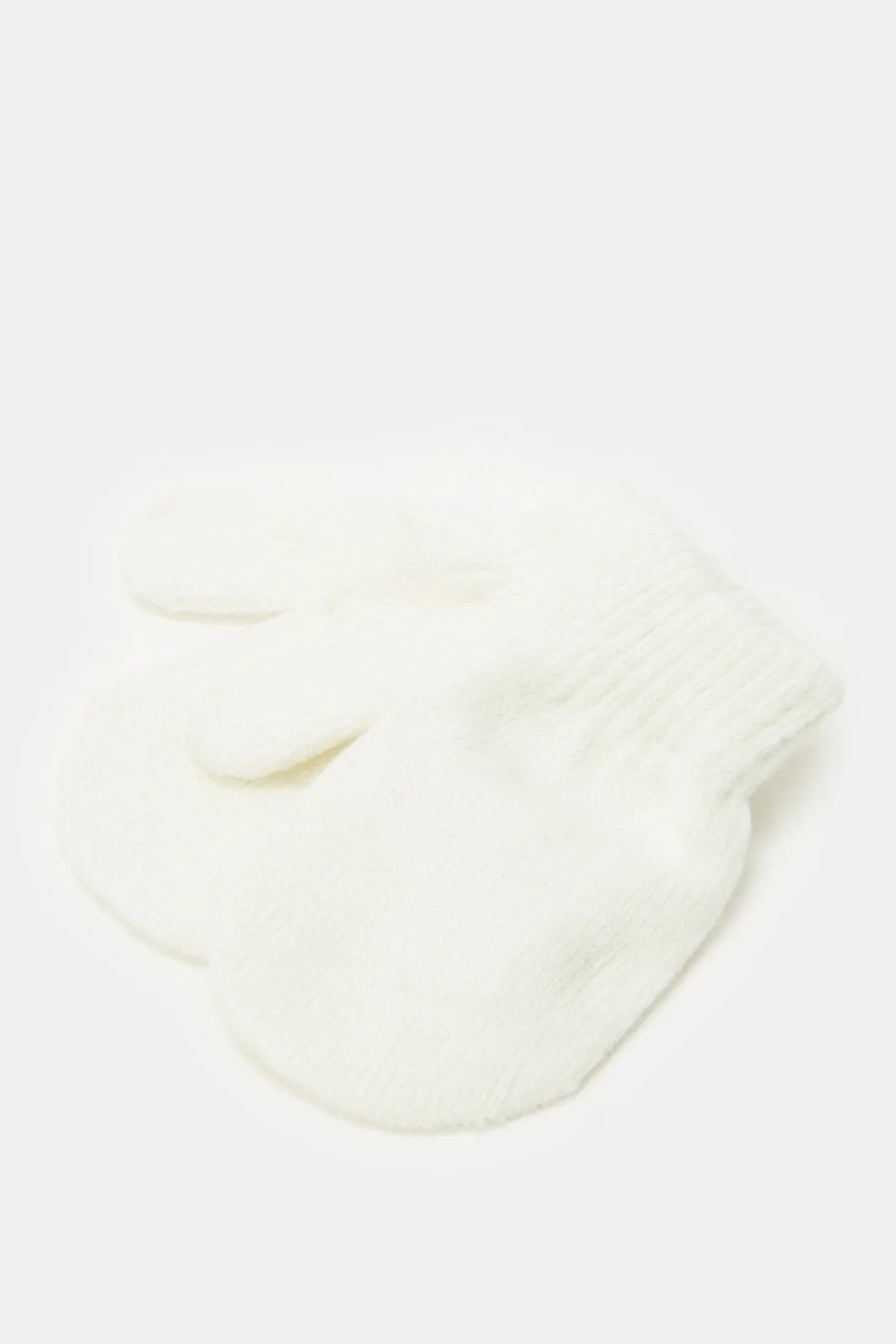 Girls White Knitted Cap With Gloves Set (2 Piece)