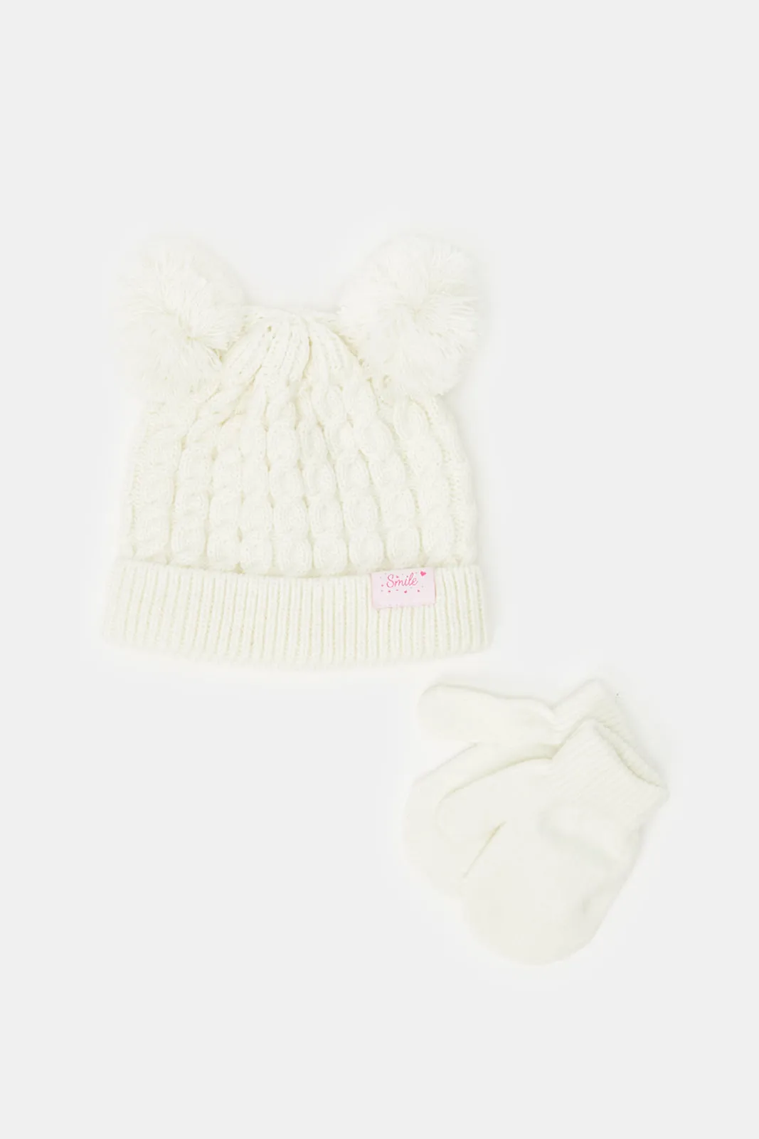 Girls White Knitted Cap With Gloves Set (2 Piece)