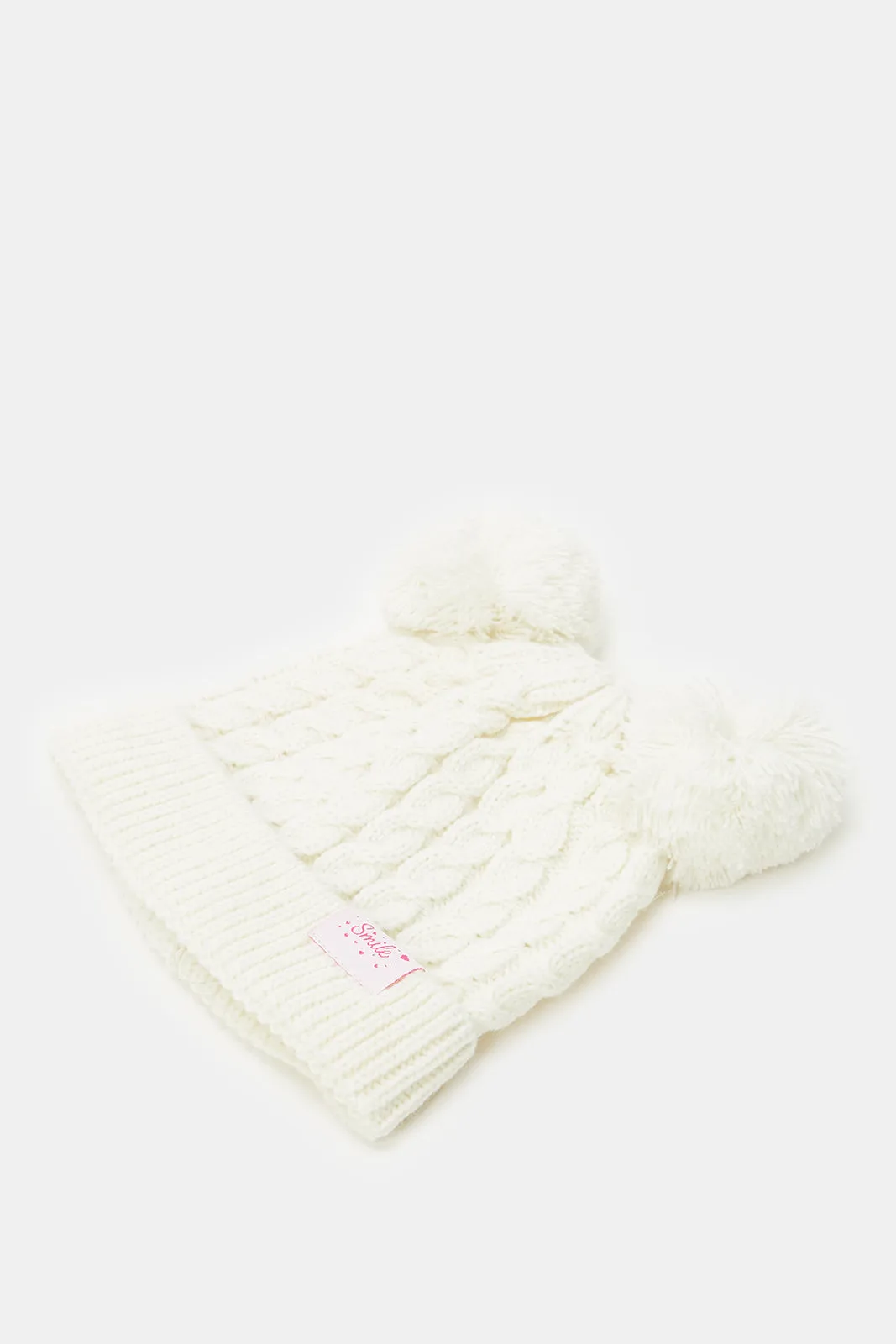 Girls White Knitted Cap With Gloves Set (2 Piece)