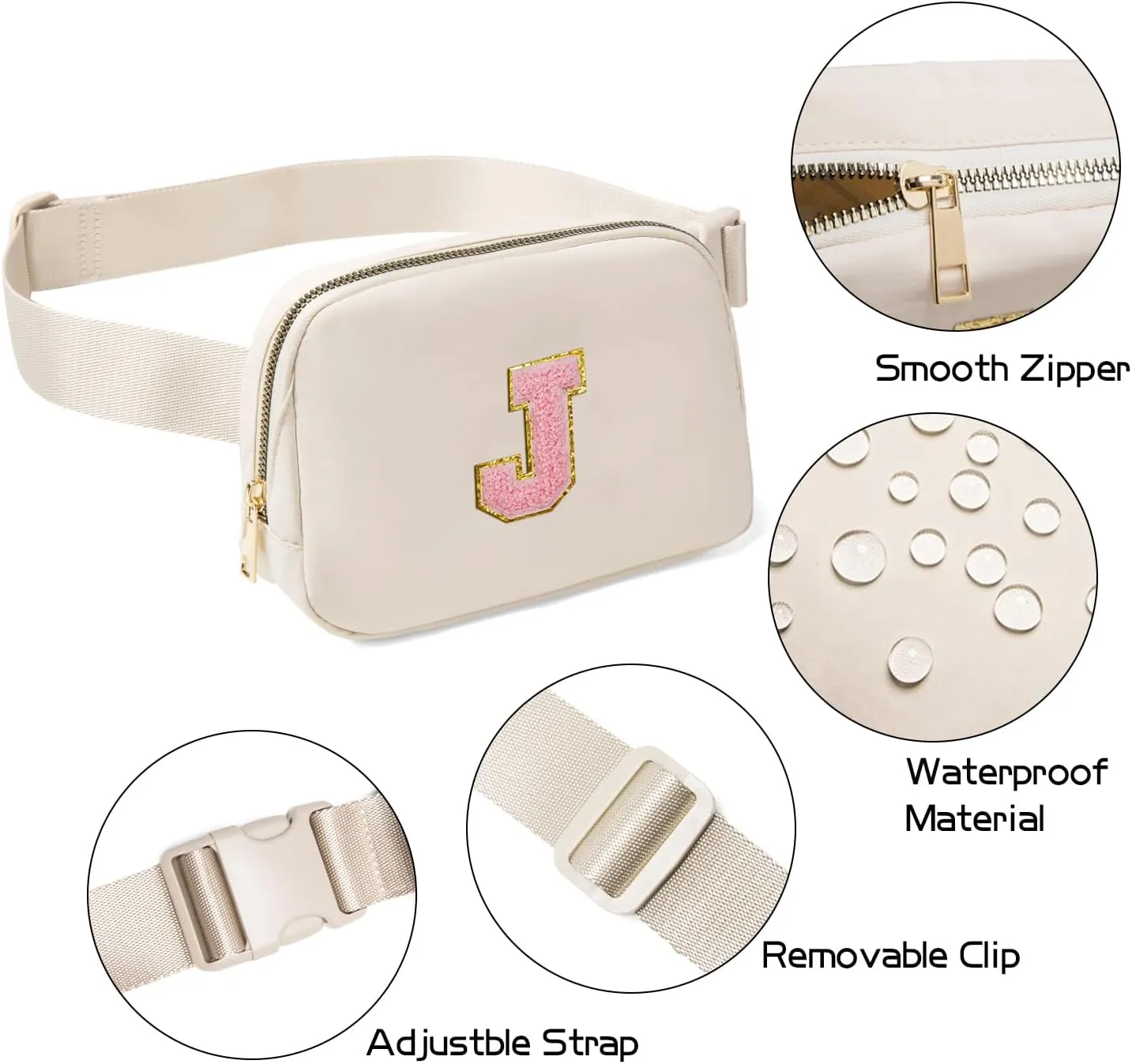 Gitus Belt Bag Fanny Pack Crossbody Bags with Initial Letter Patch Cute Stuff Birthday Gifts for Teenager Girls Trendy Preppy Stuff for Teen Girls Cool Stuff for Teens (Beige-J)