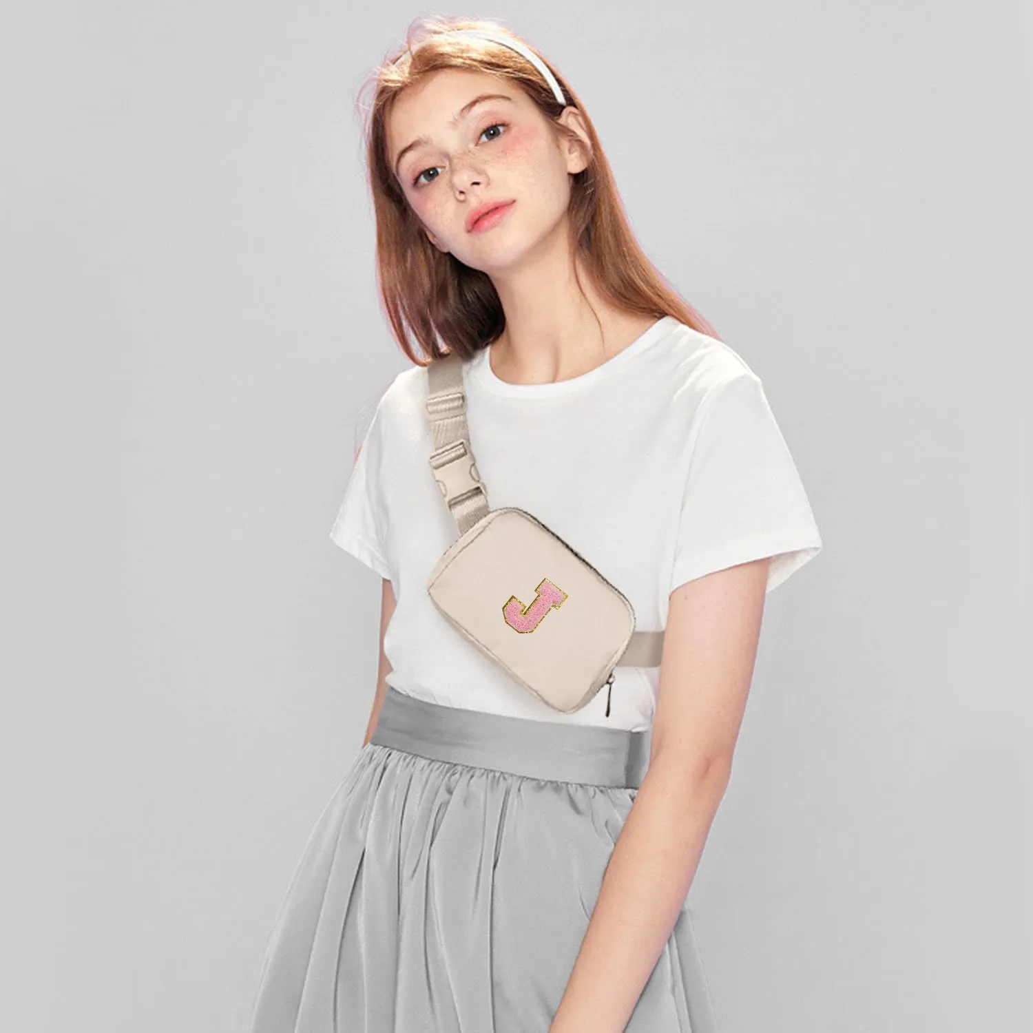 Gitus Belt Bag Fanny Pack Crossbody Bags with Initial Letter Patch Cute Stuff Birthday Gifts for Teenager Girls Trendy Preppy Stuff for Teen Girls Cool Stuff for Teens (Beige-J)