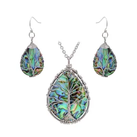 Hand Wired Tree of Life Sea Abalone Shell Jewelry Set Drop Earrings & Pendant Necklace, Silver