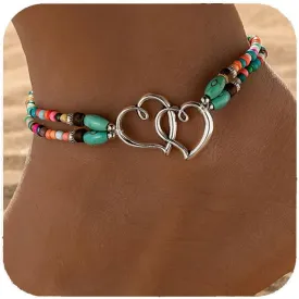 Heart Ankle Bracelet for Women Boho Elastic Beaded Anklet Double Layered Ankle Bracelet Turquoise Beaded Anklet Dainty Beach Jewelry for Women