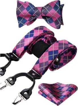 HISDERN Bow tie and Suspenders for Men Plaid Suspender Self Bowtie Pocket Square Adjustable Y Shape Mens Trouser Braces