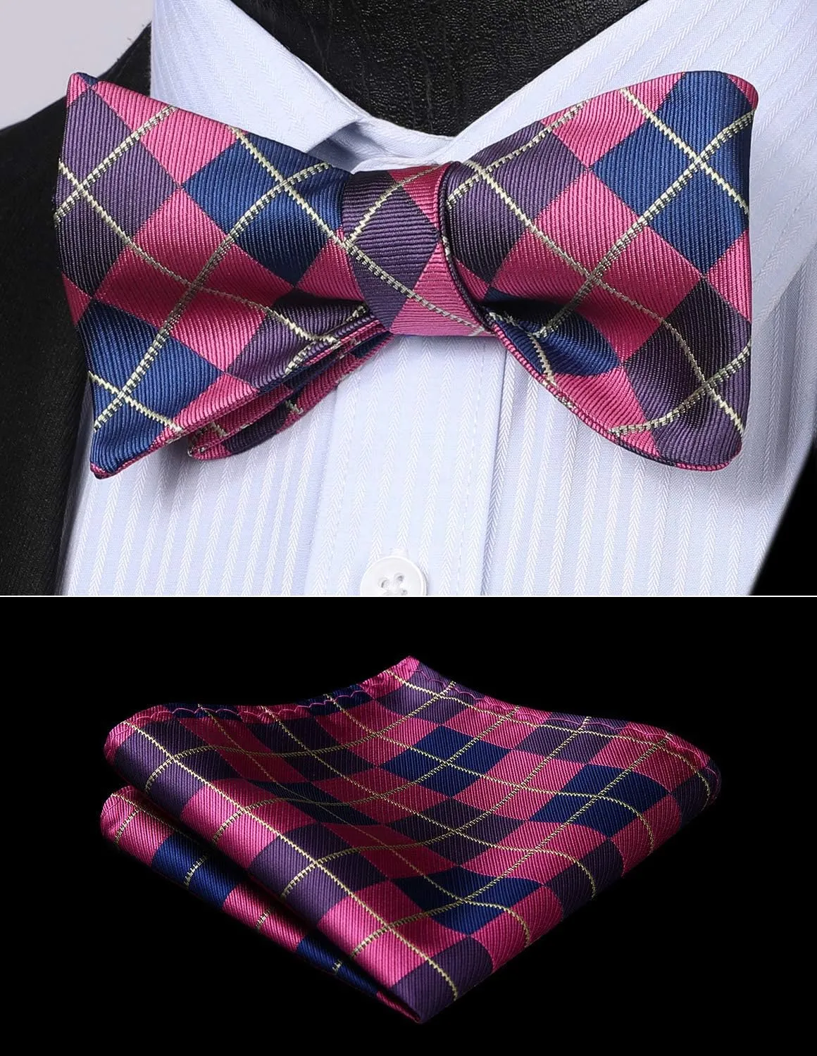 HISDERN Bow tie and Suspenders for Men Plaid Suspender Self Bowtie Pocket Square Adjustable Y Shape Mens Trouser Braces