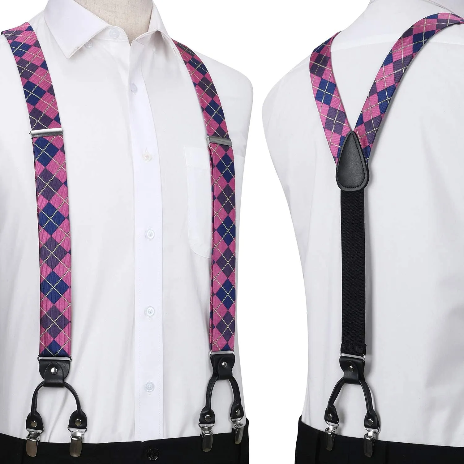 HISDERN Bow tie and Suspenders for Men Plaid Suspender Self Bowtie Pocket Square Adjustable Y Shape Mens Trouser Braces