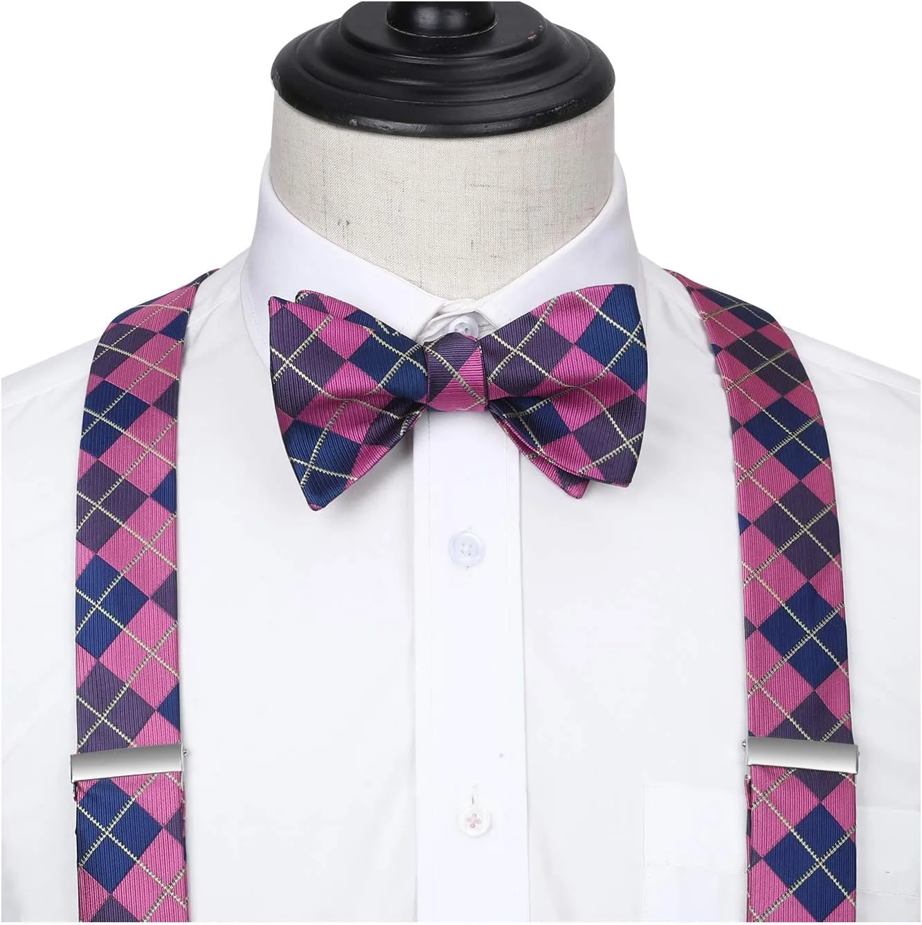 HISDERN Bow tie and Suspenders for Men Plaid Suspender Self Bowtie Pocket Square Adjustable Y Shape Mens Trouser Braces