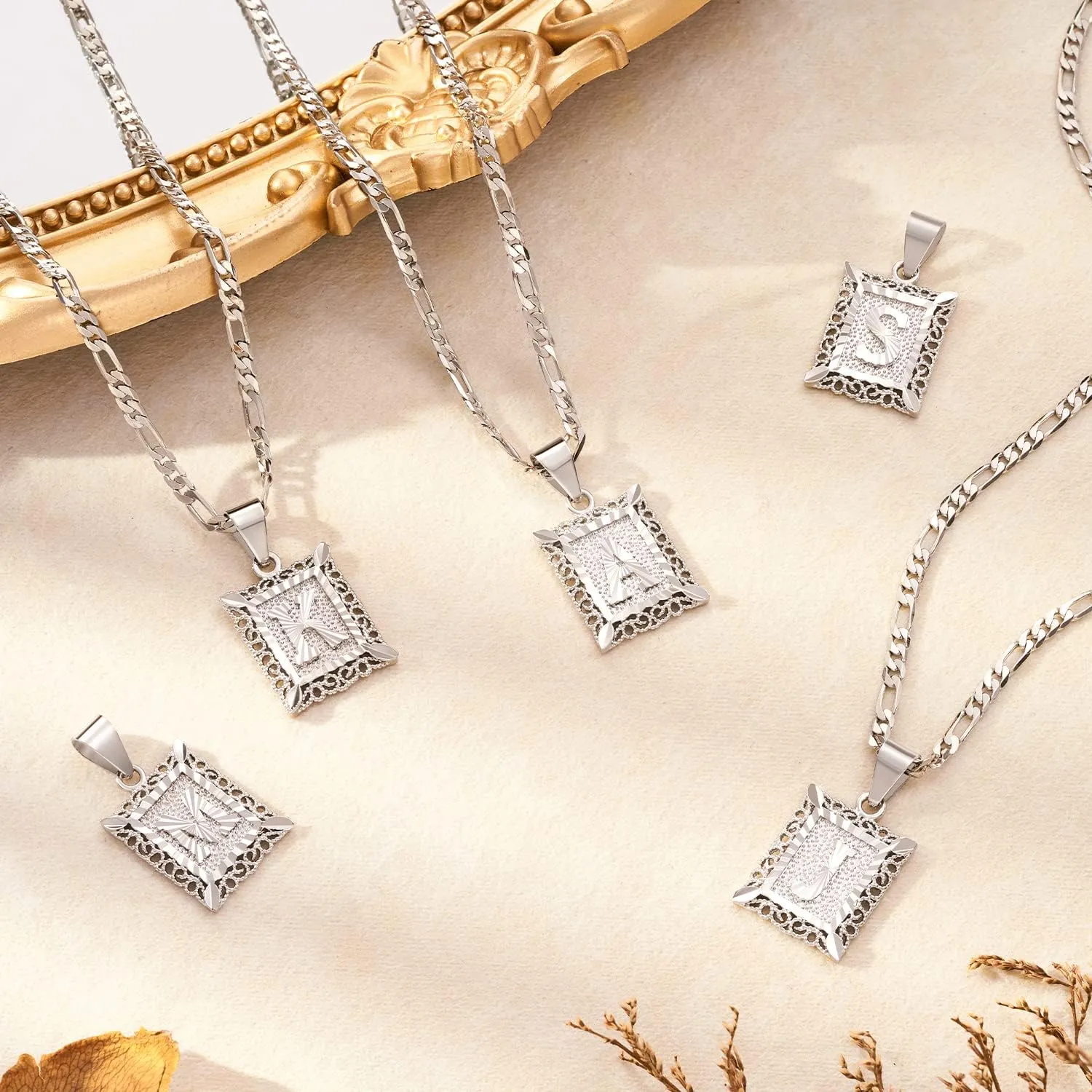KissYan Initial Letter Pendant Necklace for Men Women, 14K Gold Plated Square Capital Monogram Necklace Alphabets from A-Z Figaro Chain Jewelry