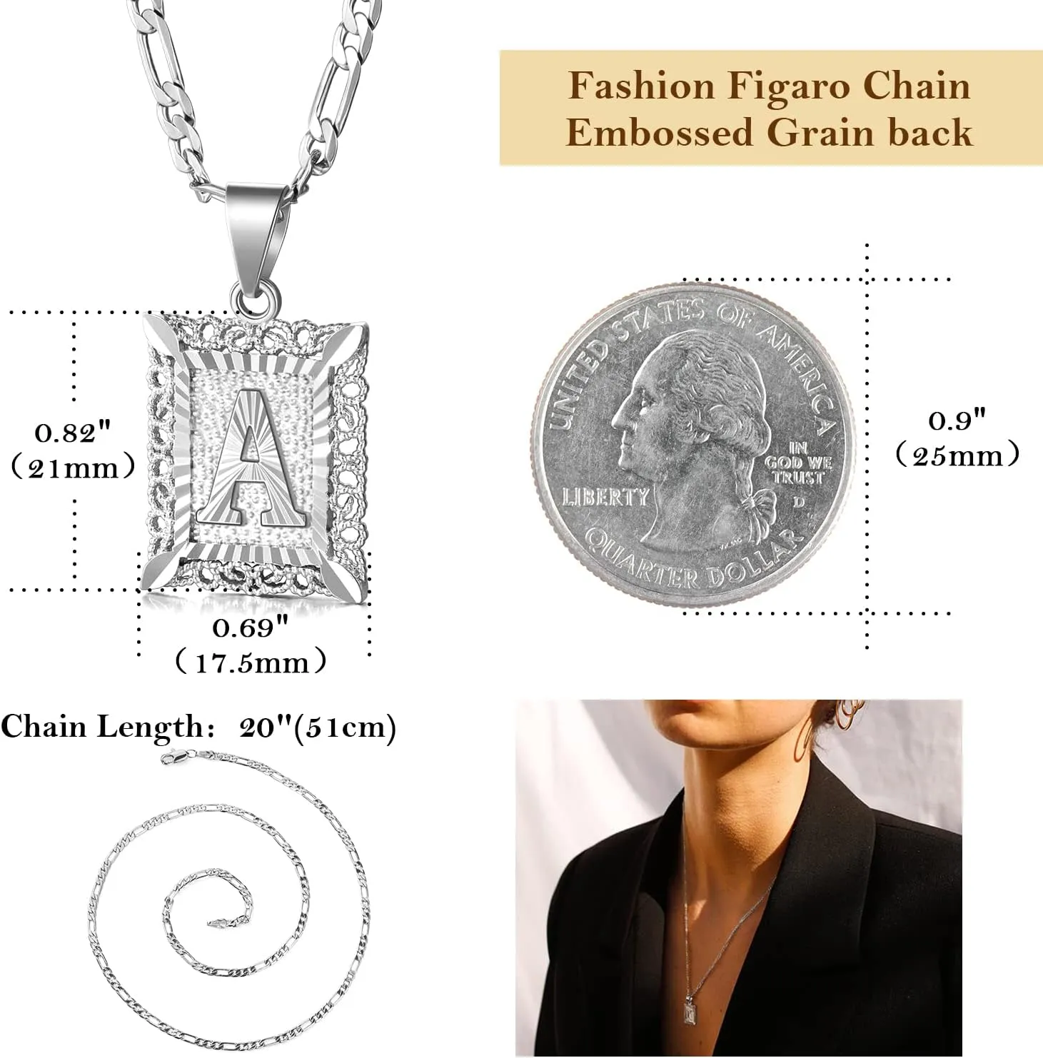 KissYan Initial Letter Pendant Necklace for Men Women, 14K Gold Plated Square Capital Monogram Necklace Alphabets from A-Z Figaro Chain Jewelry