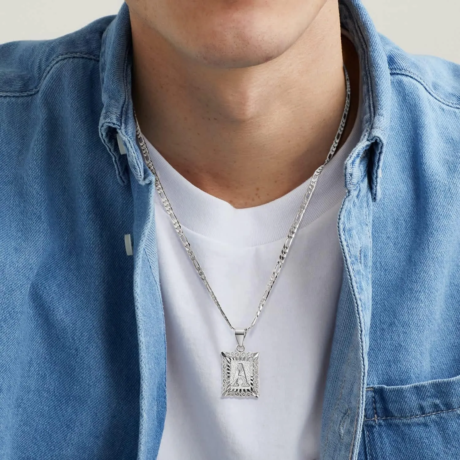 KissYan Initial Letter Pendant Necklace for Men Women, 14K Gold Plated Square Capital Monogram Necklace Alphabets from A-Z Figaro Chain Jewelry