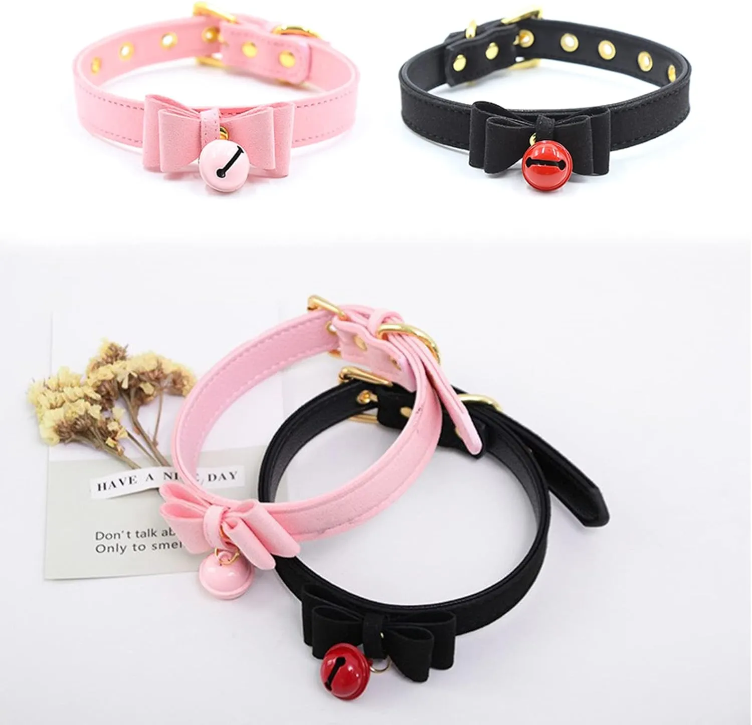 Leather Collar Necklace for Women with Bow Bell Kitty Cat and Delicate Tea flower pearl pendant Choker for Ladies Black Pink Red