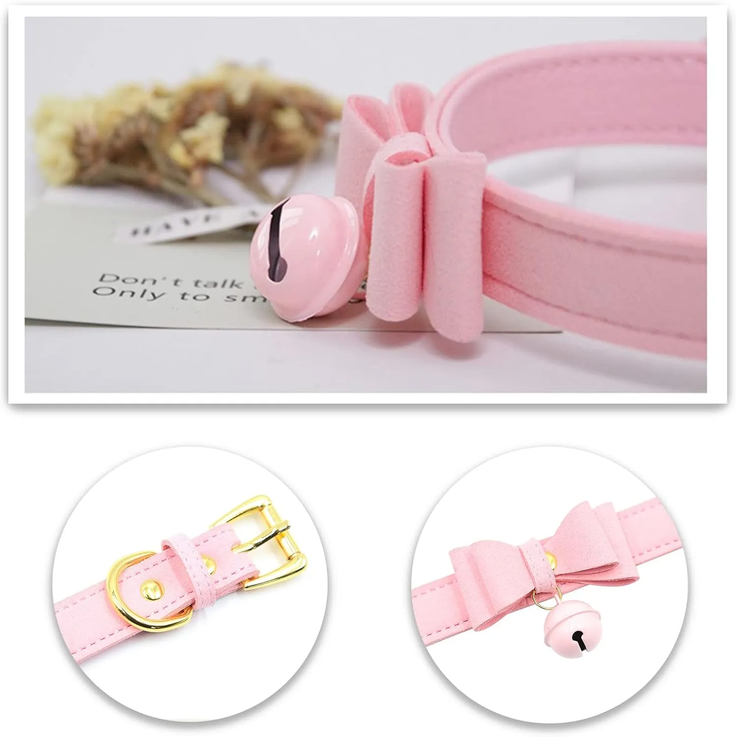 Leather Collar Necklace for Women with Bow Bell Kitty Cat and Delicate Tea flower pearl pendant Choker for Ladies Black Pink Red
