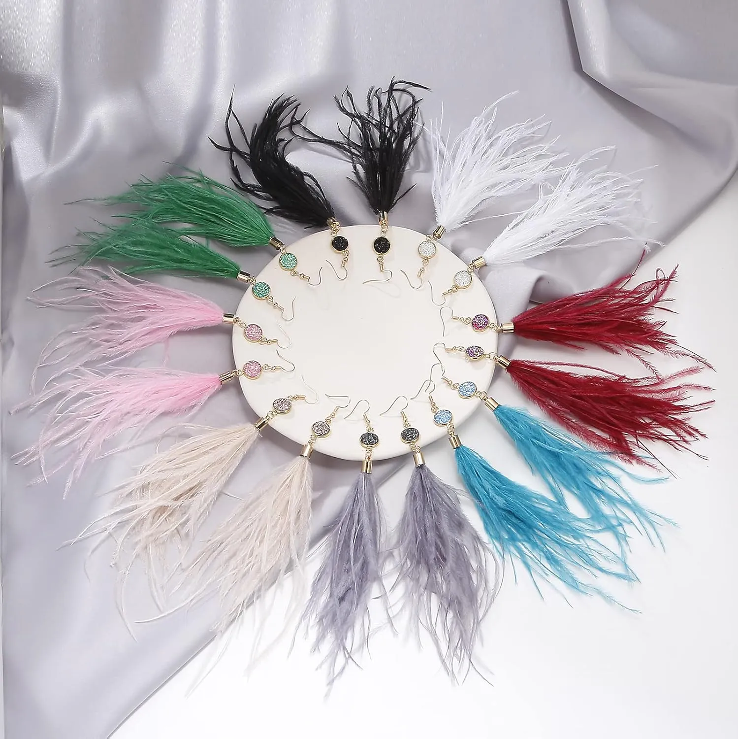 Long Feather Earrings for Women, Bohemian Elegant Delicate Faux Druzy Charms Dangle Earrings