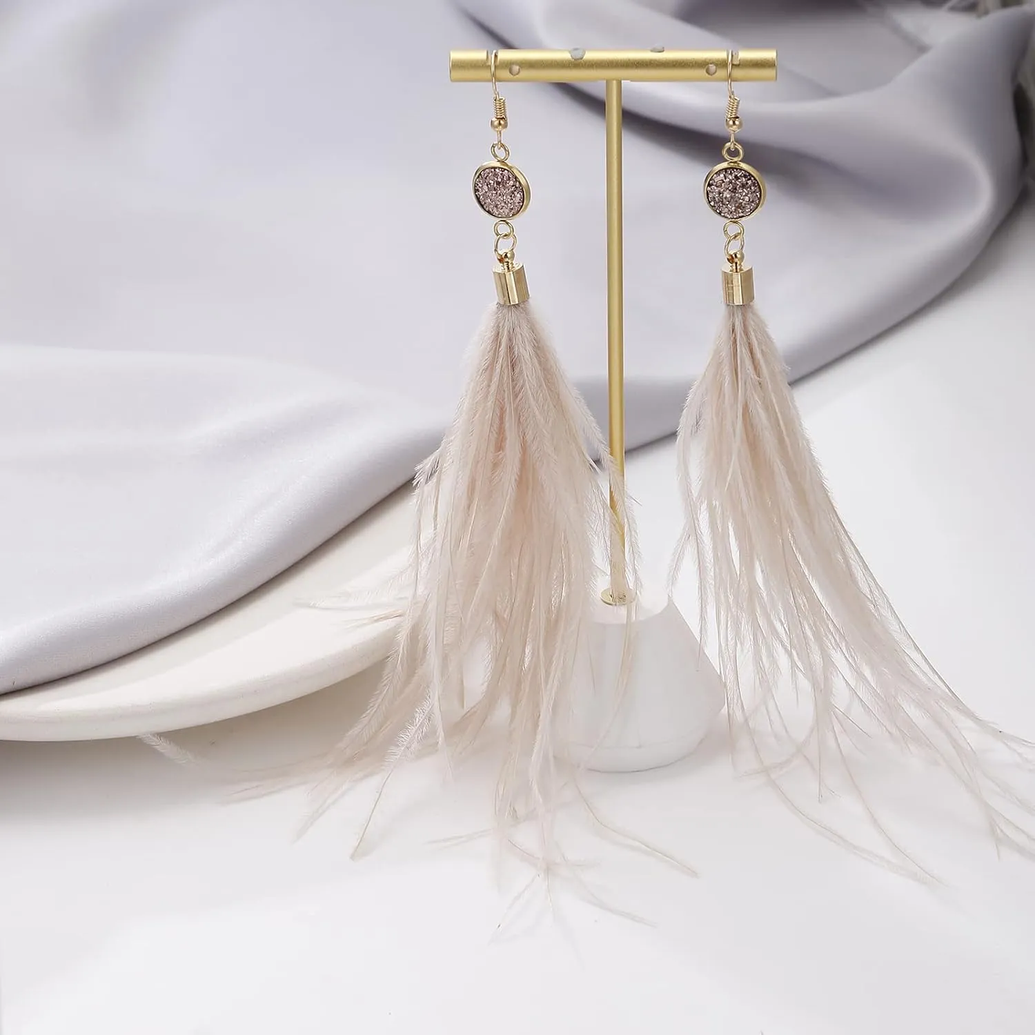 Long Feather Earrings for Women, Bohemian Elegant Delicate Faux Druzy Charms Dangle Earrings