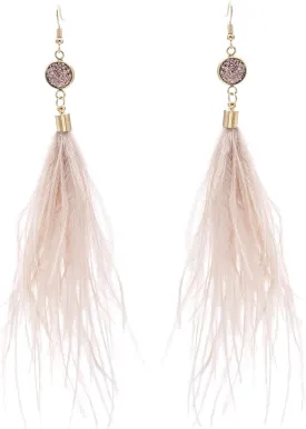 Long Feather Earrings for Women, Bohemian Elegant Delicate Faux Druzy Charms Dangle Earrings