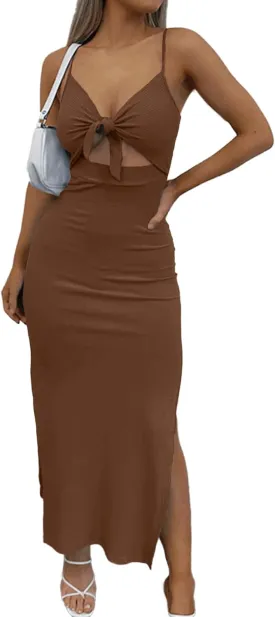 LYANER Women's Tie Knot Cut Out Side Split Hem Sleeveless Knit Bodycon Maxi Dress