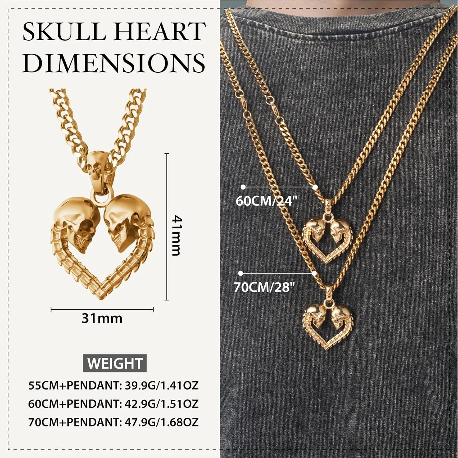 Mens Gold Skull Necklace Stainless Steel Gothic Punk Biker Skull Pendant Necklaces Chain Jewelry for Men 55/60/70cm