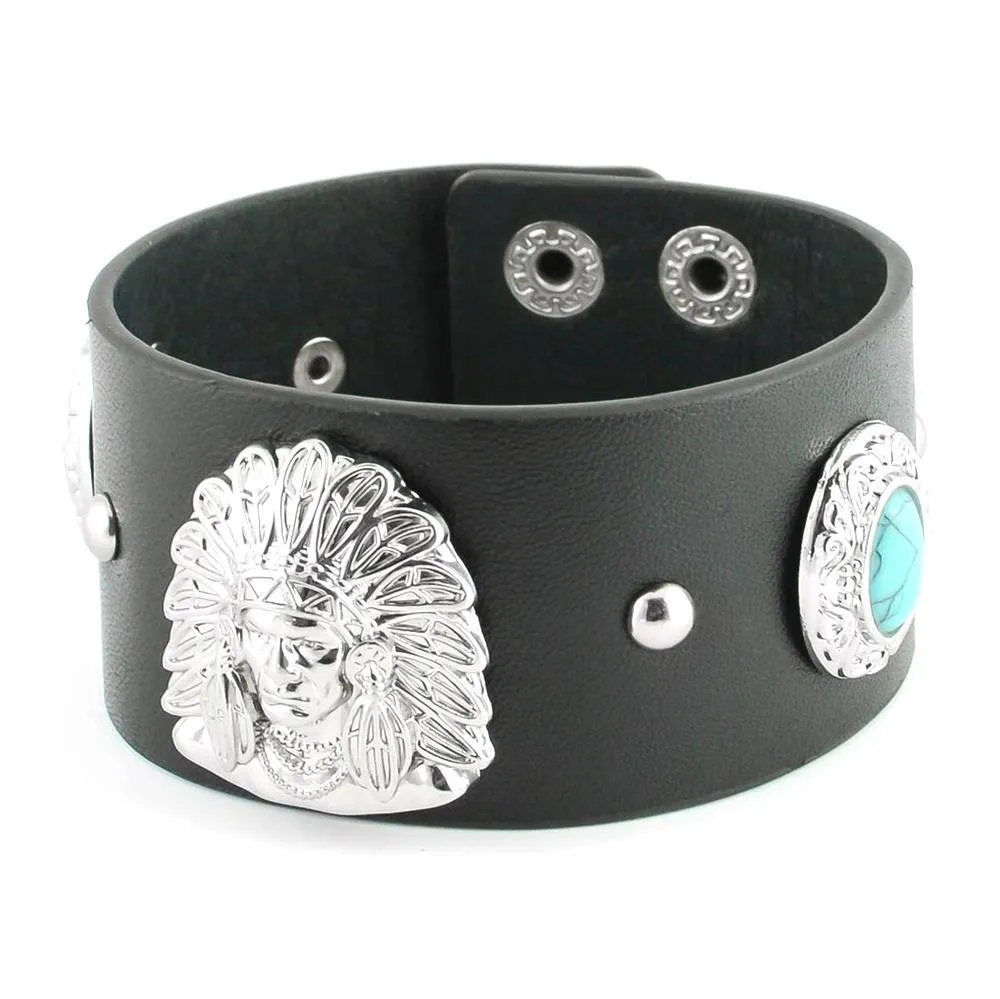 Men's Indian Head &amp; Imitation Turquoise Leather Bracelet