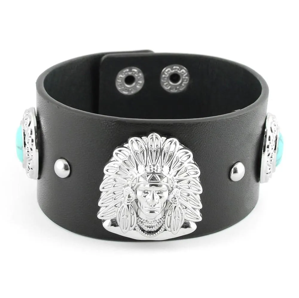 Men's Indian Head &amp; Imitation Turquoise Leather Bracelet