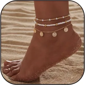 MIFYNN Boho Shell Anklets for Women Gold Bead Ankle Bracelet Layered Adjustable Elastic Anklets Boho Beach Foot Jewelry Gifts for Women