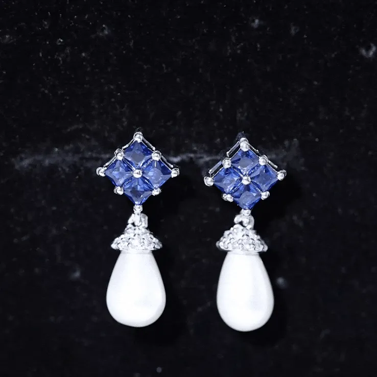 Minimal Freshwater Pearl Drop Earrings with Cluster Blue Sapphire