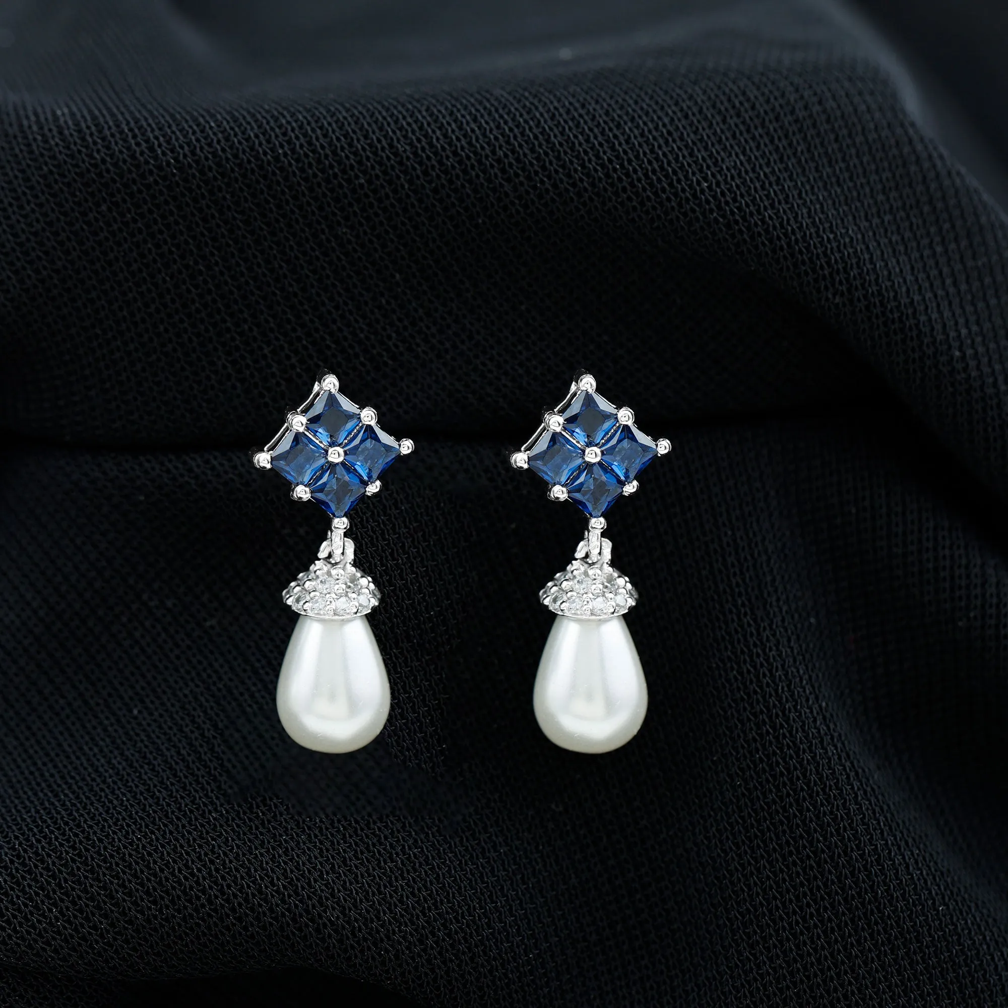 Minimal Freshwater Pearl Drop Earrings with Cluster Blue Sapphire