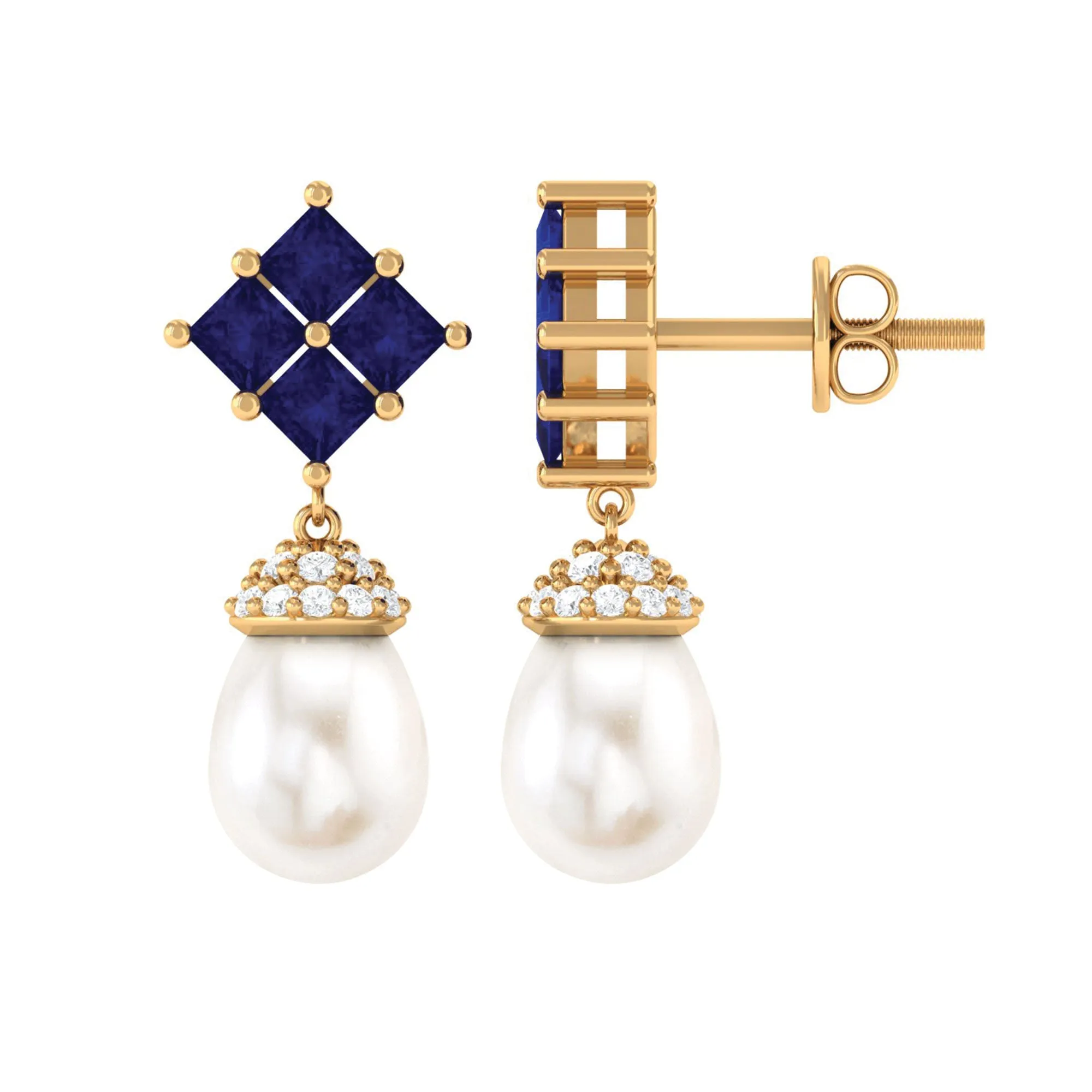 Minimal Freshwater Pearl Drop Earrings with Cluster Blue Sapphire