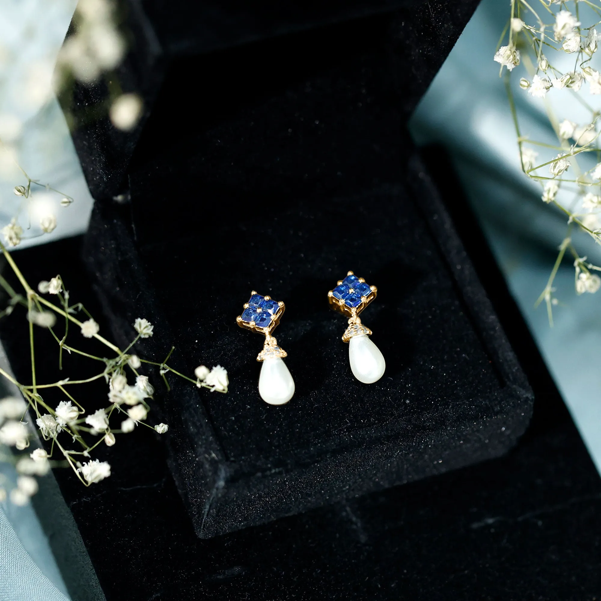 Minimal Freshwater Pearl Drop Earrings with Cluster Blue Sapphire