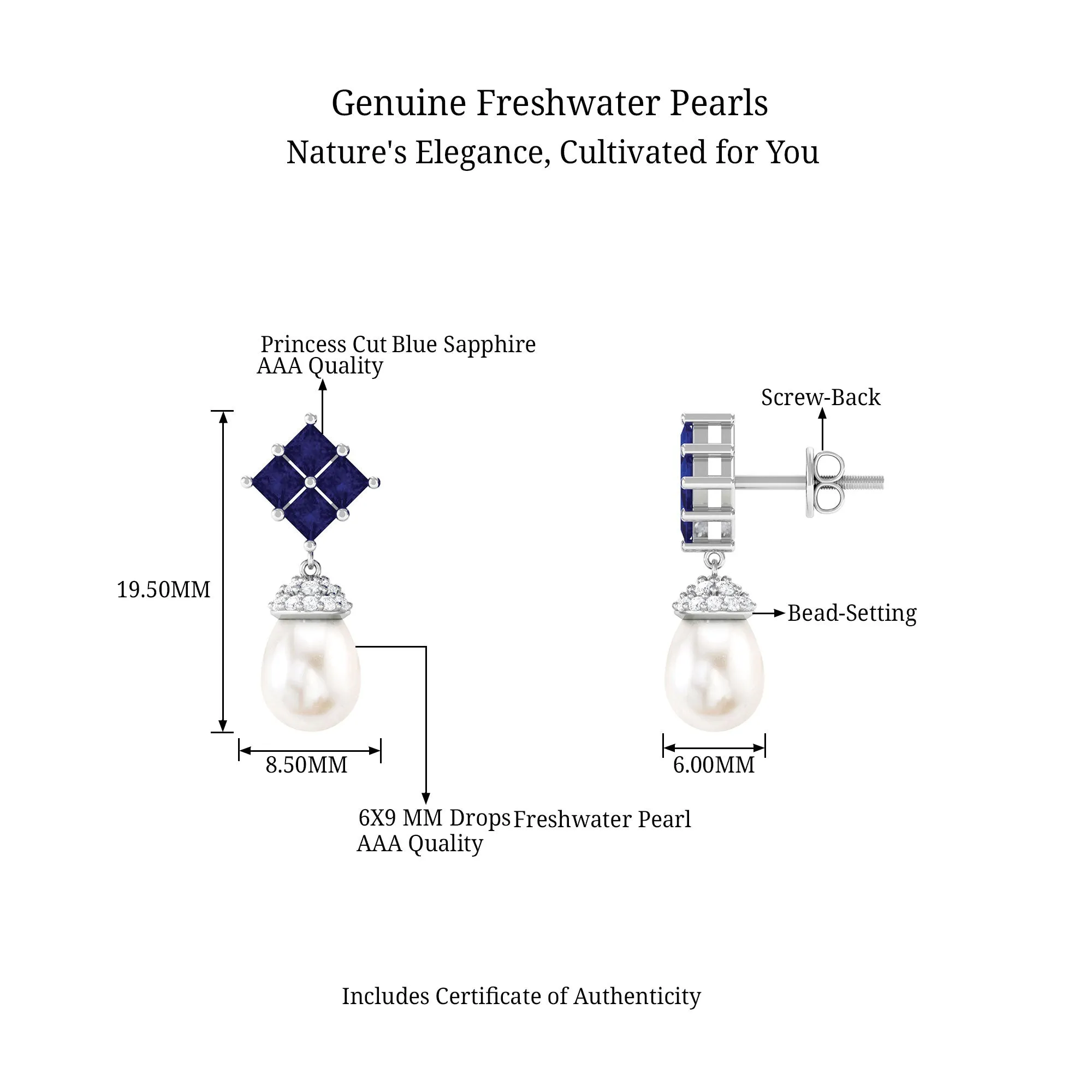 Minimal Freshwater Pearl Drop Earrings with Cluster Blue Sapphire