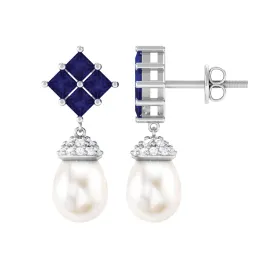 Minimal Freshwater Pearl Drop Earrings with Cluster Blue Sapphire