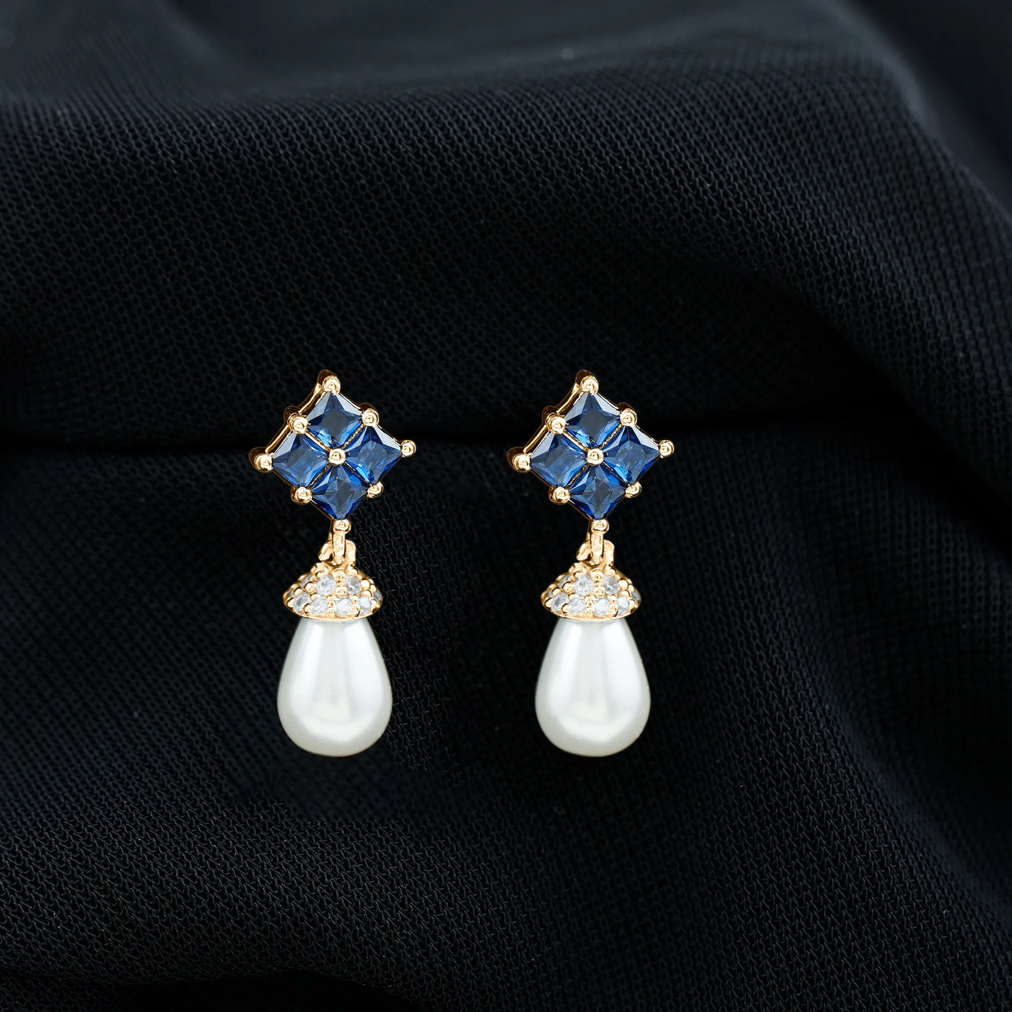 Minimal Freshwater Pearl Drop Earrings with Cluster Blue Sapphire