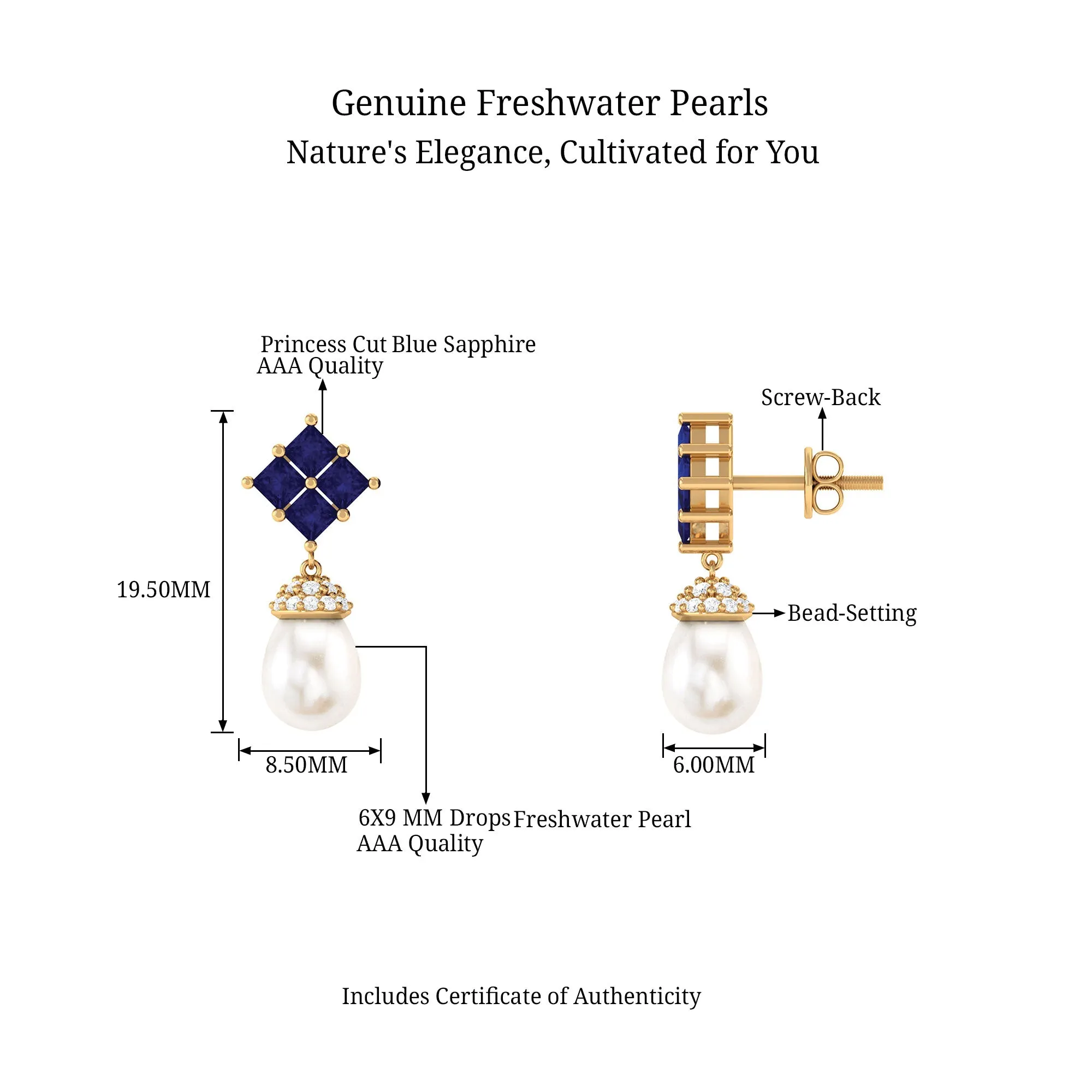 Minimal Freshwater Pearl Drop Earrings with Cluster Blue Sapphire